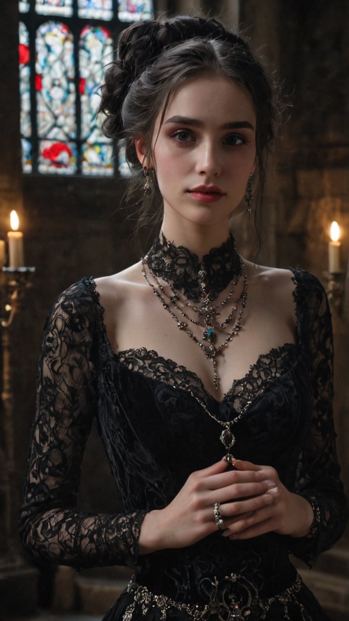 A Gothic-inspired girl with intricate lace and velvet details on her dress, holding a delicate skull-shaped locket with a gemstone, standing in a dimly lit chamber with ornate stone carvings and stained glass windows, surrounded by candelabras and a faint mist, with a few stray tears on her cheeks and a mysterious smile on her lips