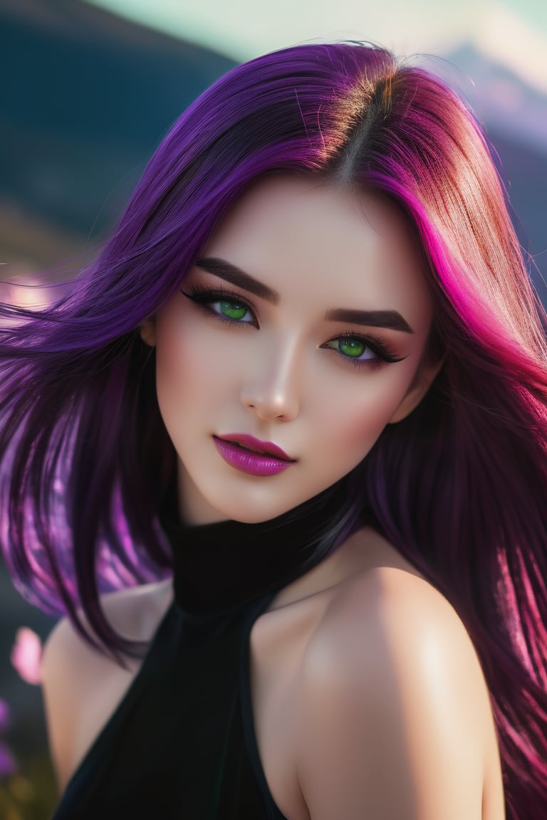 
1woman, solo, long hair, pink hair, black choker, green eyes, eyeliner, gorgeous lips, cinematic, (masterpiece), (best quality), (ultra-detailed), very aesthetic, illustration, perfect composition, intricate details, absurdres, detailed face, motion blur, (anime, masterpiece, intricate:1.3), (best quality, hires textures, high detail:1.2), (4k),(incredibly detailed:1.4) vibrant colors, female, masterpiece, sharp focus, best quality, depth of field, cinematic lighting, shiny hair, hair between eyes, black hair, purple eyes, long hair, indoors, smiling, black and purple theme, black and purple outfit, show, sunlight, mountains, landscape,