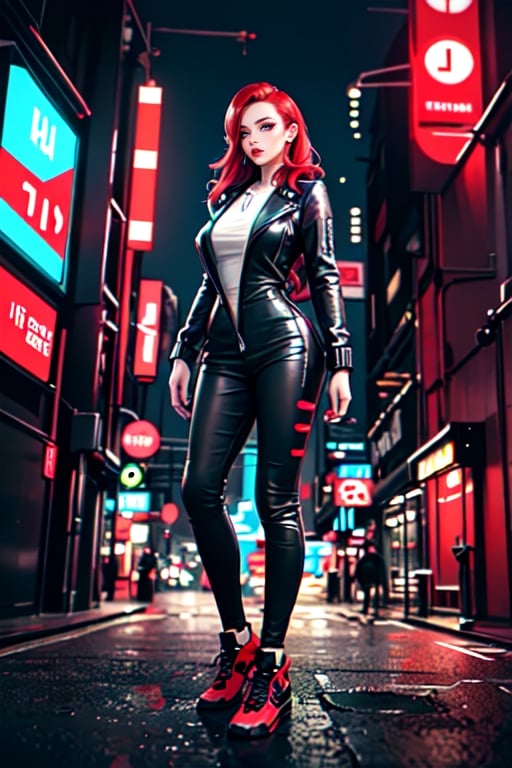 Digital art, Cyberpunk-style full-body portrait, Woman with detailed blue eyes, Wavy bright red hair, Smiling, Futuristic neon backdrop, Vibrant lights, Glowing cityscape, Urban setting, Techno atmosphere, Urban coolness, Modern aesthetic, High-tech vibe, Colorful, Stylish, Sci-fi feel.