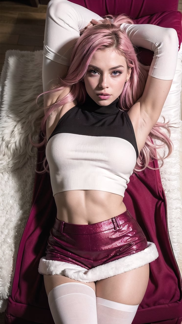masterpiece, best quality, 1 woman, mature female, perfect face, detailed eyes, elysia, pink hair, extra long hair, (pastel color), white turtleneck sweater, sleeveless, croptop, waist, white fur skirt, fur trim, white gloves, white pantyhose,, (red interior), Christmas decorations, shine, red wall, red furnitures, lying down, red carpet, from above, dynamic pose, contrapposto, upper body, portrait, armpit