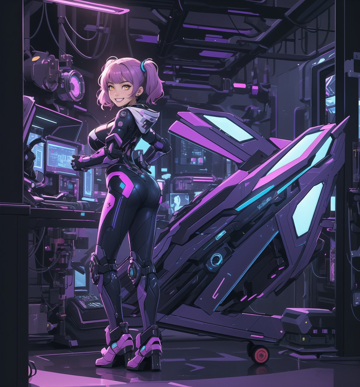 An ultra-detailed 16K masterpiece with cyberpunk and anime styles, rendered in ultra-high resolution with graphic detail. | A young 25-year-old woman is dressed in a silver-colored mecha suit with electric blue details. The costume features rugged armor, a hooded cape, tall boots, and gloves with retractable claws. She has short pink hair, with big bangs, two long pigtails and luminous barrettes. She has yellow eyes, is looking at the viewer, while ((smiling, showing her teeth)). She is in a futuristic laboratory, surrounded by futuristic structures, metal structures and high-tech computers. Blue and violet neon lighting casts complex shadows across the room. | The scene highlights the powerful and chic figure of the young woman, contrasting with the cold and technological environment of the laboratory. The details of the mecha suit and neon lights are highlighted by the complex shadows. | Colorful neon lighting effects and complex shadows create a futuristic and lively atmosphere, while detailed textures on the costume and skin add realism to the image. | A dynamic, lively scene of a young woman in the mecha suit in a futuristic laboratory, exploring themes of technology, power and style. | (((((The image reveals a full-body shot as she strikes a sensual pose, engagingly leaning against a structure within the scene in a thrilling manner. As she leans back, she assumes a sensual pose, leaning against the structure and reclining in an exciting way.))))). | ((full-body shot)), ((perfect pose)), ((perfect fingers, better hands, perfect hands)), ((perfect legs, perfect feet)), ((huge breasts)), ((perfect design)), ((perfect composition)), ((very detailed scene, very detailed background, perfect layout, correct imperfections)), More Detail, Enhance