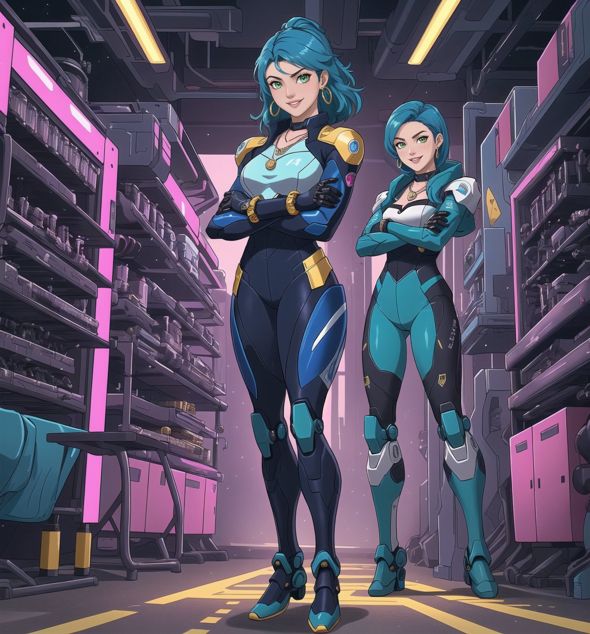 A masterpiece of digital art in the styles of Adventure, Science Fiction, Mecha, Technology, and Futurism. | Sakura, a 28-year-old woman, wears a silver and blue mecha suit. The suit has a futuristic and elegant design, highlighting her athletic and muscular figure. She also wears a pair of gold earrings with gear-shaped pendants, a silver necklace with a triangle-shaped pendant, black leather bracelets on her hands, and a gold ring with a small sapphire on her left hand. Her short, modern blue hair is styled to the side, framing her pretty and determined face. Her green eyes shine with confidence and intelligence, as she smiles at the viewer, showing her bright, white teeth and lips painted in a dark shade of pink. She is in an ultra-technological laboratory, striking a confident and powerful pose. The location is illuminated by bright LED lights, with metal structures and high-tech machines and equipment scattered on the ground. The atmosphere is electrified and full of energy, with Sakura at the center of it all, ready to face any challenge. | (((((The image reveals a full-body shot as she assumes a confident pose, standing tall and proud in her mecha suit within the lab in an exciting manner. She takes on a confident pose as she interacts, boldly crossing her arms and smirking in an exciting way.))))). | ((full-body shot)), ((perfect pose)), ((perfect fingers, better hands, perfect hands)), ((perfect legs, perfect feet)), ((perfect design)), ((perfect composition)), ((very detailed scene, very detailed background, perfect layout, correct imperfections)), More Detail, Enhance, 