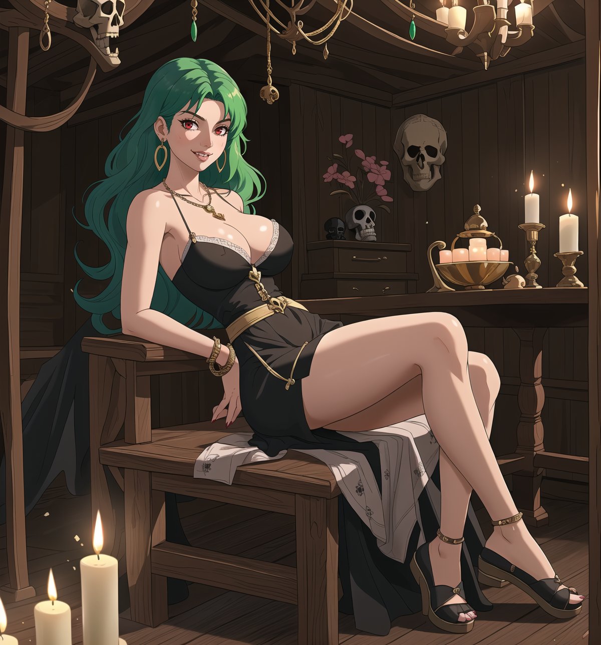 A masterpiece of digital art in the styles of Adventure, Fantasy, Horror, Mystery, and Supernatural. | Yumi, a 25-year-old woman, wears a black maid outfit with white details. The outfit has an elegant and modern cut, highlighting her smooth curves. She also wears a pair of silver earrings with star-shaped pendants, a gold necklace with a heart-shaped pendant, red leather bracelets on her hands, and a silver ring with a small emerald on her right hand. Her green hair falls in soft, voluminous waves, framing her pretty face. Her red eyes shine with a seductive and mysterious gleam as she smiles at the viewer, showing her bright, white teeth and lips painted in a light shade of pink. She is in a macabre house, striking a provocative pose. The location is dark, with wooden structures and cracked walls, candles, bones, and skulls scattered on the ground. The dim light of the candles creates mysterious and unsettling shadows in the scene, highlighting Yumi's beauty and mystery. | (((((The image reveals a full-body shot as she assumes a sensual pose, seductively leaning against a wooden structure within the house in an exciting manner. She takes on a sensual pose as she interacts, boldly arching her back and biting her lip in a tantalizing way.))))). | ((full-body shot)), ((perfect pose)), ((perfect fingers, better hands, perfect hands)), ((perfect legs, perfect feet)), ((huge breasts, big natural breasts, sagging breasts)), ((perfect design)), ((perfect composition)), ((very detailed scene, very detailed background, perfect layout, correct imperfections)), More Detail, Enhance, 
