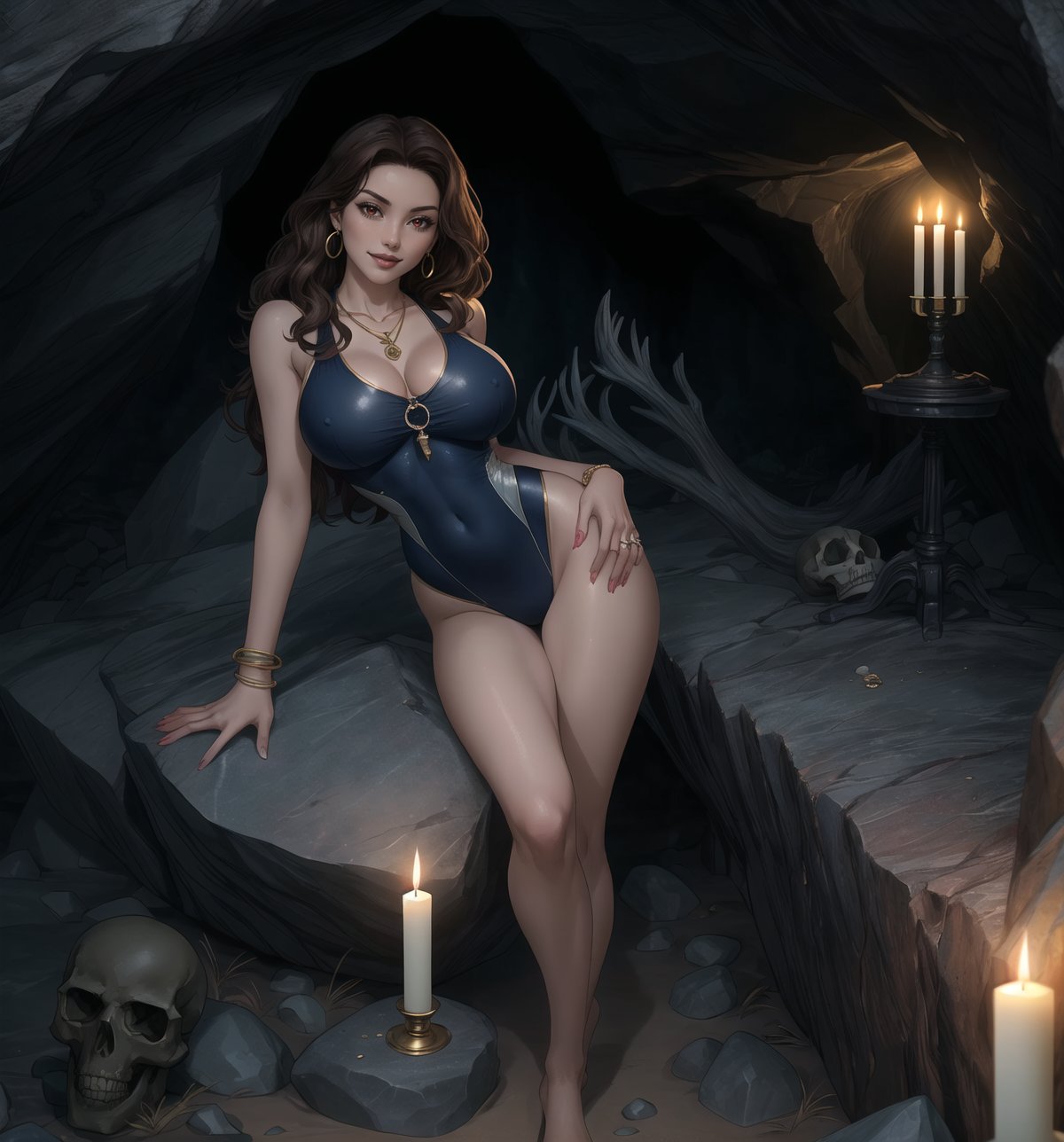 A masterpiece of digital art in the styles of Adventure, Fantasy, Horror, Mystery, and Supernatural. | Yumi, a 26-year-old woman, wears a one-piece swimsuit in navy blue with white details. The suit has an elegant and modern cut, highlighting her smooth curves. She also wears a pair of gold earrings with anchor-shaped pendants, a silver necklace with a seashell-shaped pendant, leather bracelets on her hands, and a gold ring with a small sapphire on her right hand. Her brown hair falls in soft, voluminous waves, framing her pretty face. Her red eyes shine with a seductive and mysterious gleam as she smiles at the viewer, showing her bright, white teeth and lips painted in a light shade of pink. She is in a macabre cave, striking a provocative pose. The location is dark, with rocky structures, stalactites and stalagmites, candles, bones, and skulls scattered on the ground. The dim light of the candles creates mysterious and unsettling shadows in the scene, highlighting Yumi's beauty and mystery. | (((((The image reveals a full-body shot as she assumes a sensual pose, engagingly leaning against a rock formation within the cave in an exciting manner. She takes on a sensual pose as she interacts, boldly leaning on the rock formation, leaning back in an exciting way.))))). | ((full-body shot)), ((perfect pose)), ((perfect fingers, better hands, perfect hands)), ((perfect legs, perfect feet)), ((huge breasts, big natural breasts, sagging breasts)), ((perfect design)), ((perfect composition)), ((very detailed scene, very detailed background, perfect layout, correct imperfections)), More Detail, Enhance, 