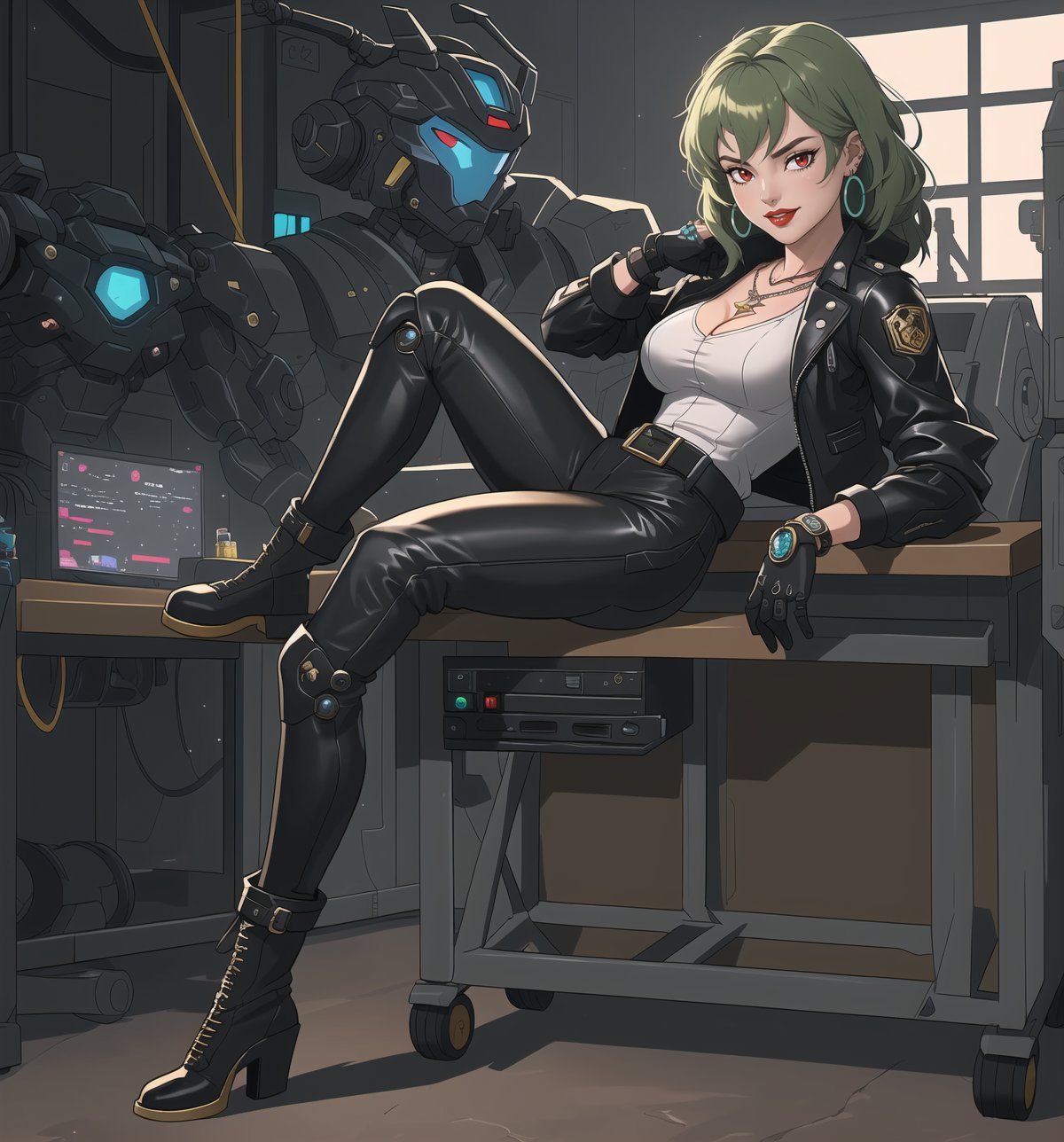 A sci-fi, mecha, adventure, futuristic and technological masterpiece rendered in ultra-high resolution with graphic detail. | A beautiful and sensual 26 year old woman named Mika, wearing a sexy Mecha costume consisting of a black leather jacket with silver details, black leather pants with silver details, black leather belt with silver gear-shaped buckle, boots high top in black leather with silver details and black leather gloves. She also has accessories such as a pair of silver gear-shaped earrings, a gold necklace with a robot-shaped pendant, leather and steel bracelets on her hands, and a silver ring with a small diamond on her right hand. Her short, shaggy green hair has a modern, stylish cut. Her red eyes are looking at the viewer with a seductive expression, while she smiles with her mouth open, showing her teeth and wearing red lipstick. She is standing on the floor, in a laboratory, with steel and glass structures, high-tech machines and equipment, a work table with robot plans and a computer screen. | The image highlights Mika's imposing and sensual figure, her curves and the accessories she wears. The scene's soft, cool lighting highlights the scene's details and creates dramatic shadows. | Soft, moody lighting effects create a sensual and mysterious atmosphere, while detailed textures on skin, fabrics and structures add realism to the image. | A sensual, futuristic scene of a beautiful woman wearing a sexy Mecha suit in a high-tech laboratory, exploring themes of adventure, desire, seduction and science fiction. | (((((The image reveals a full-body shot as she assumes a sensual pose, engagingly leaning against a structure within the scene in an exciting manner. She takes on a relaxed pose as she interacts, boldly leaning on a structure, leaning back in an exciting way))))). | ((full-body shot)), ((perfect body)), ((perfect pose)), ((perfect fingers, better hands, perfect hands)), ((perfect legs, perfect feet)), ((huge breasts, big natural breasts, sagging breasts)), ((perfect design)), ((perfect composition)), ((very detailed scene, very detailed background, perfect layout, correct imperfections)), ((More Detail, Enhance))