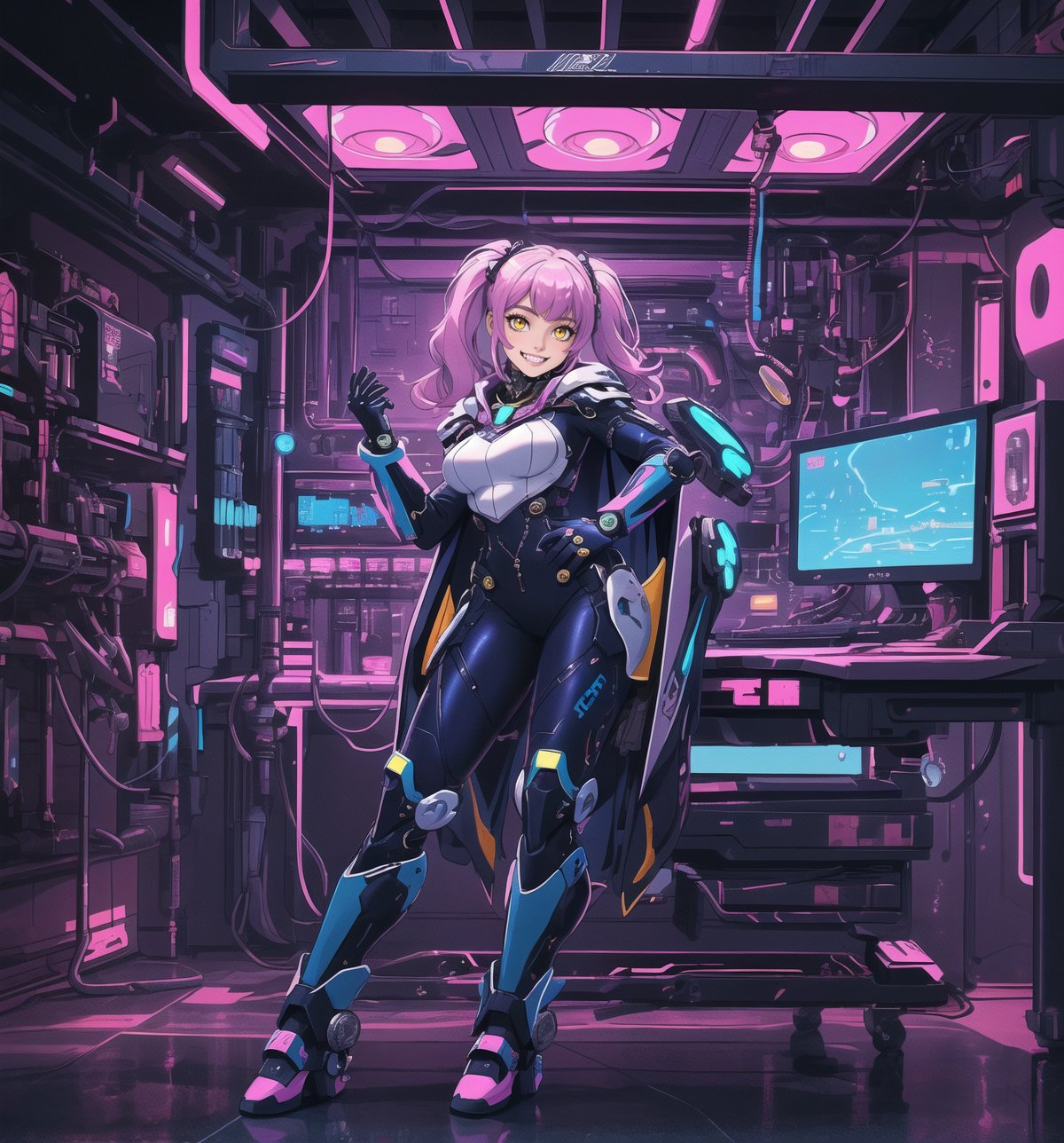 An ultra-detailed 16K masterpiece with cyberpunk and anime styles, rendered in ultra-high resolution with graphic detail. | A young 25-year-old woman is dressed in a silver-colored mecha suit with electric blue details. The costume features rugged armor, a hooded cape, tall boots, and gloves with retractable claws. She has short pink hair, with big bangs, two long pigtails and luminous barrettes. She has yellow eyes, is looking at the viewer, while ((smiling, showing her teeth)). She is in a futuristic laboratory, surrounded by futuristic structures, metal structures and high-tech computers. Blue and violet neon lighting casts complex shadows across the room. | The scene highlights the powerful and chic figure of the young woman, contrasting with the cold and technological environment of the laboratory. The details of the mecha suit and neon lights are highlighted by the complex shadows. | Colorful neon lighting effects and complex shadows create a futuristic and lively atmosphere, while detailed textures on the costume and skin add realism to the image. | A dynamic, lively scene of a young woman in the mecha suit in a futuristic laboratory, exploring themes of technology, power and style. | (((((The image reveals a full-body shot as she strikes a sensual pose, engagingly leaning against a structure within the scene in a thrilling manner. As she leans back, she assumes a sensual pose, leaning against the structure and reclining in an exciting way.))))). | ((full-body shot)), ((perfect pose)), ((perfect fingers, better hands, perfect hands)), ((perfect legs, perfect feet)), ((huge breasts)), ((perfect design)), ((perfect composition)), ((very detailed scene, very detailed background, perfect layout, correct imperfections)), More Detail, Enhance