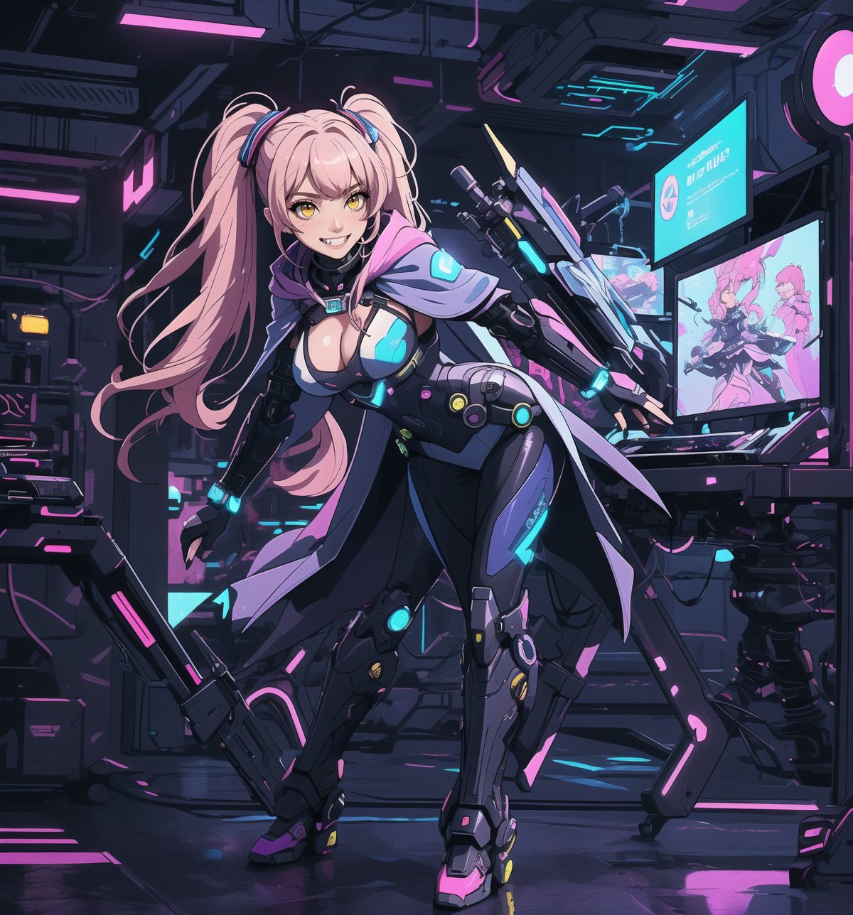 An ultra-detailed 16K masterpiece with cyberpunk and anime styles, rendered in ultra-high resolution with graphic detail. | A young 25-year-old woman is dressed in a silver-colored mecha suit with electric blue details. The costume features rugged armor, a hooded cape, tall boots, and gloves with retractable claws. She has short pink hair, with big bangs, two long pigtails and luminous barrettes. She has yellow eyes, is looking at the viewer, while ((smiling, showing her teeth)). She is in a futuristic laboratory, surrounded by futuristic structures, metal structures and high-tech computers. Blue and violet neon lighting casts complex shadows across the room. | The scene highlights the powerful and chic figure of the young woman, contrasting with the cold and technological environment of the laboratory. The details of the mecha suit and neon lights are highlighted by the complex shadows. | Colorful neon lighting effects and complex shadows create a futuristic and lively atmosphere, while detailed textures on the costume and skin add realism to the image. | A dynamic, lively scene of a young woman in the mecha suit in a futuristic laboratory, exploring themes of technology, power and style. | (((((The image reveals a full-body shot as she strikes a sensual pose, engagingly leaning against a futuristic structure within the scene in a thrilling manner. As she leans back, she assumes a sensual pose, leaning against the structure and reclining in an exciting way.))))). | ((full-body shot)), ((perfect pose)), ((perfect fingers, better hands, perfect hands)), ((perfect legs, perfect feet)), ((huge breasts)), ((perfect design)), ((perfect composition)), ((very detailed scene, very detailed background, perfect layout, correct imperfections)), More Detail, Enhance