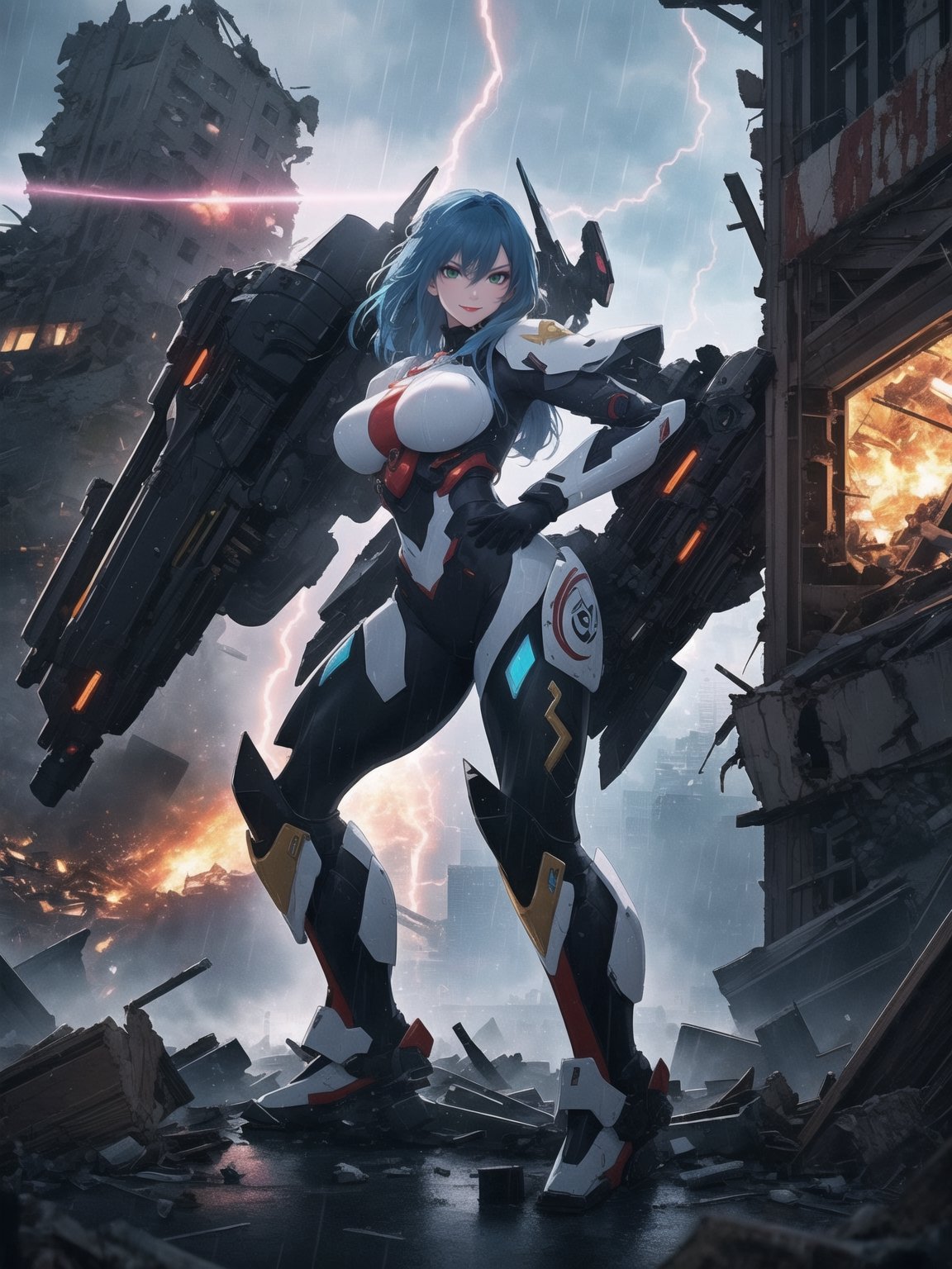 Impeccable 8K resolution, ultra-detailed. In a fusion style of mecha and CGI anime, with traits reminiscent of futuristic aesthetics. | Amidst the destruction of a city at night, under heavy rain, a 30-year-old woman, clad in a white mecha suit with blue details and golden neon lights, displays an intense expression of hatred and fury. Her voluminous bust and spiky blue hair, with a fringe covering part of her right eye, add a distinctive touch to her presence. She stares directly at the viewer, emanating a blue magical aura with pulsating thunder around her. | The composition highlights the character in the foreground, while massive debris from destroyed buildings and wreckage of machines fill the scene. The dynamic angle emphasizes the strength and determination of the woman amidst the chaos. | Effects like dramatic lighting, intense rain, and thunder flashes create an electrifying atmosphere. The intensity of the magical aura adds a supernatural touch to the scene, heightening the character's sense of power. | A commanding woman in a white mecha suit, expressing anger and determination amid the destruction of a city at night under heavy rain. She ((interacting and leaning on anything, very large structure+object, leaning against, sensual pose):1.2), ((Full body image)), better_hands, More Detail