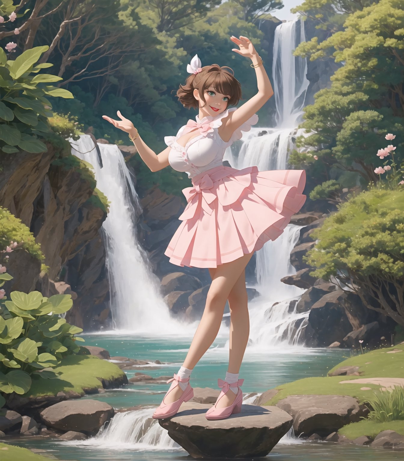 Masterpiece in maximum 16K resolution, in a style inspired by the anime Sakura_Card_Captor. | Sakura_Kinomoto, now 30 years old, displays all her maturity and magical power in a stunning all-white mage outfit adorned with pink details. Her short accordion skirt, white stockings with pink bands, and pink shoes complement the harmony of the look. We cannot help but highlight her gigantic_breasts, which are an intrinsic part of her unique beauty. | The scene unfolds in an ancient temple near a majestic waterfall, featuring white marble structures, altars with ancient writings, and a variety of spirit animals. Sakura is looking directly at the viewer, her green eyes radiating confidence as she offers a captivating smile. Her short brown hair with a large fringe in front of her right eye adds a contemporary touch to her image. The white beret with a pink band and golden accessories, including a golden star in the center, further enhances her magical presence. | The visual composition highlights the magic in the air, with appropriate lighting emphasizing the details of the outfit and the enchanted environment. | Sakura Kinomoto, at 30 years old, in a mage outfit inspired by Card Captor Sakura, displaying her gigantic_breasts in a mystical setting of an ancient temple next to a waterfall. | {The camera is positioned very close to her, revealing her entire body as she adopts a sensual_pose, interacting with and leaning on a structure in the scene in an exciting way.} | She is adopting a ((sensual_pose as interacts, boldly leaning on a structure, leaning back in an exciting way):1.3), ((perfect_pose), ((perfect_pose):1.5), (((full body))), ((perfect_fingers, hands, better_hands, perfect_hands, perfect_legs)), ((perfect_fingers, perfect_hands, perfect_legs):0.7), gigantic_breasts, (fingers, hand, perfect), More Detail,anime