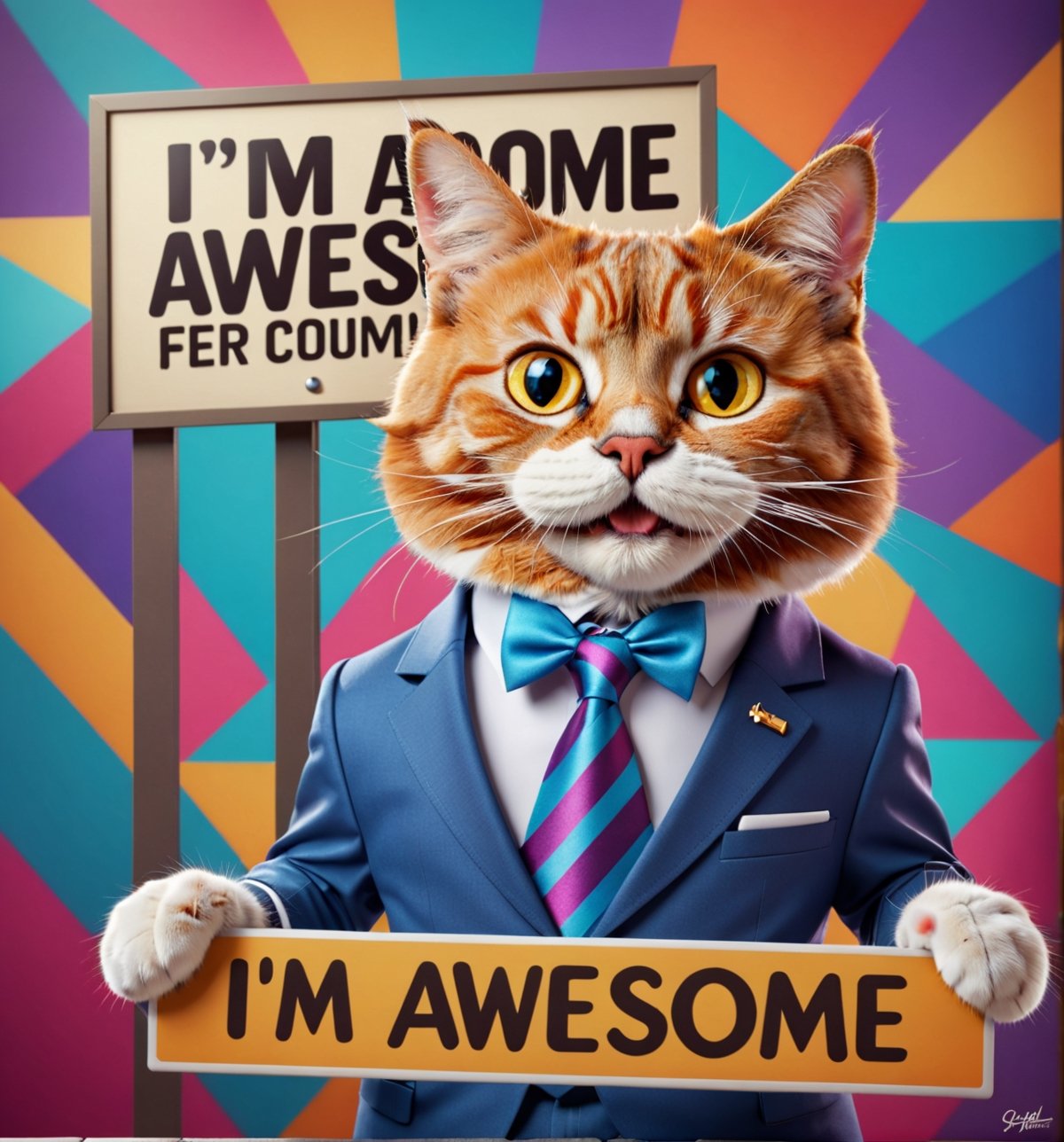 ((Masterpiece in maximum 16K resolution, cartoon style, emphasizing humor and dynamic 3D perspective)). | A stylish cat, dressed in an elegant suit and tie, is holding a sign with the inscription (("I'm awesome")). He has a confident, arrogant look, as if he knows he's the coolest person in the room. His well-groomed fur, thin mustaches and playful facial expression add even more personality to the scene. | The setting includes an abstract and colorful background, with geometric elements and soft textures, further highlighting the cat's style and elegance. | Three-dimensional composition. | With cinematic lighting and elements such as sparkles, soft lighting, softness and particles add dynamism. | Scene of a stylish cat holding a sign that says "I'm awesome." | The camera is positioned very close to him, revealing his entire body as he assumes a dynamic pose, interacting with and leaning against a structure in the scene in an exciting way. | (((He takes a dynamic pose as he interacts, boldly leaning on a structure, leaning back in an exciting way.))), (((((full-body image))))), ((perfect pose, perfect anatomy, perfect body)), ((better hands, perfect fingers, perfect legs, perfect hands)), (((perfect composition, perfect design, perfect layout, correct imperfections))), ((Add more detail, More Detail, Enhance))