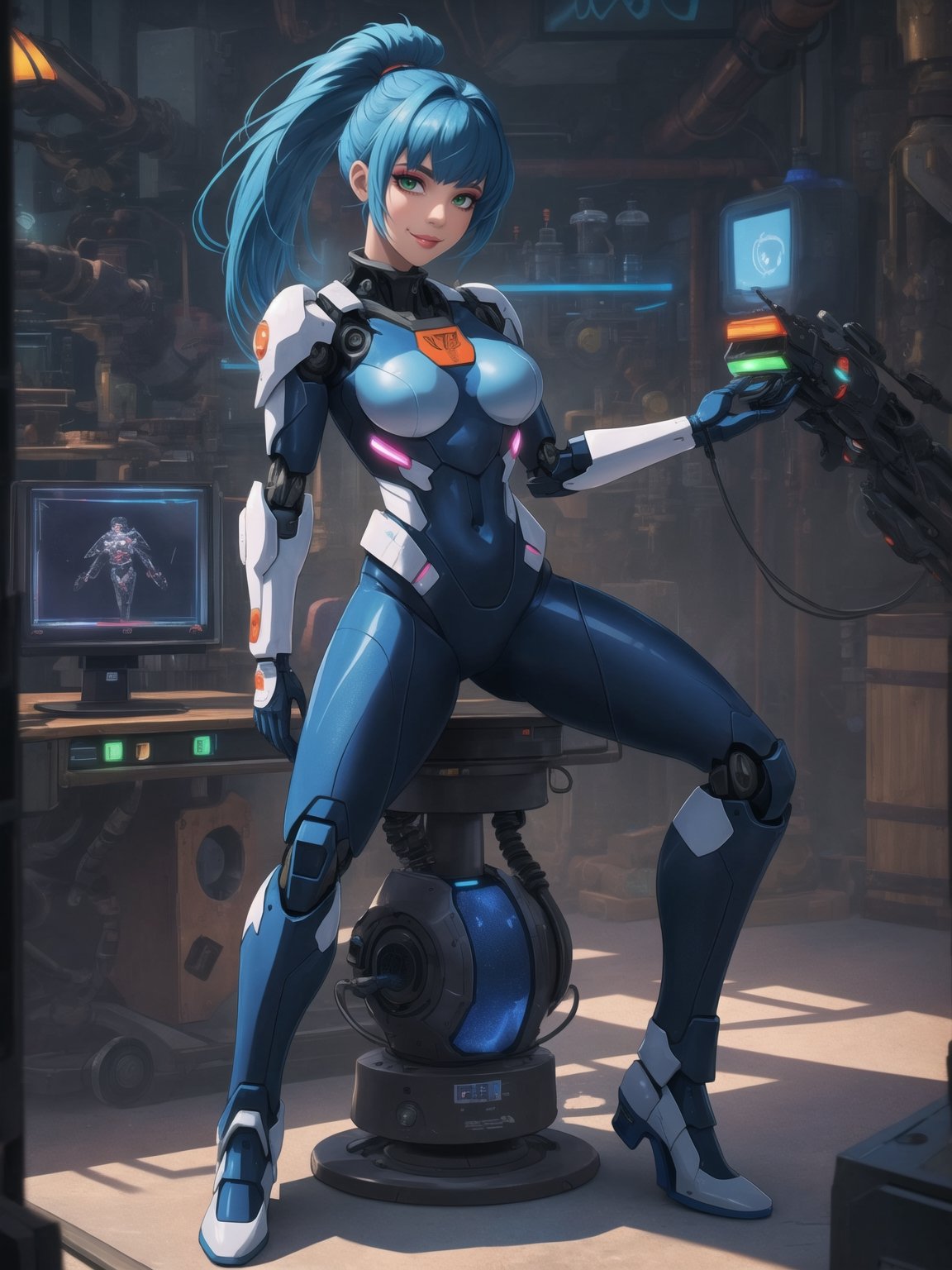 A woman is wearing a white mecha suit with blue parts. The suit has circular neon lights attached in various areas, and it fits tightly on her body. Her breasts are very large. She has blue hair, short, mohawk style, with a ponytail and a large fringe in front of her eyes. She is looking at the viewer. The scene takes place in a laboratory with many machines. There is a table with alchemy equipment, a computer, a plasma TV, and robots. She (((strikes a sensual pose, interacting with any object or item, leaning, resting and leaning against it))), (((full body))), 8k, best possible quality, ultra detailed, best possible resolution, Unreal Engine 5, professional photography, perfect hand, fingers, hand, perfect,