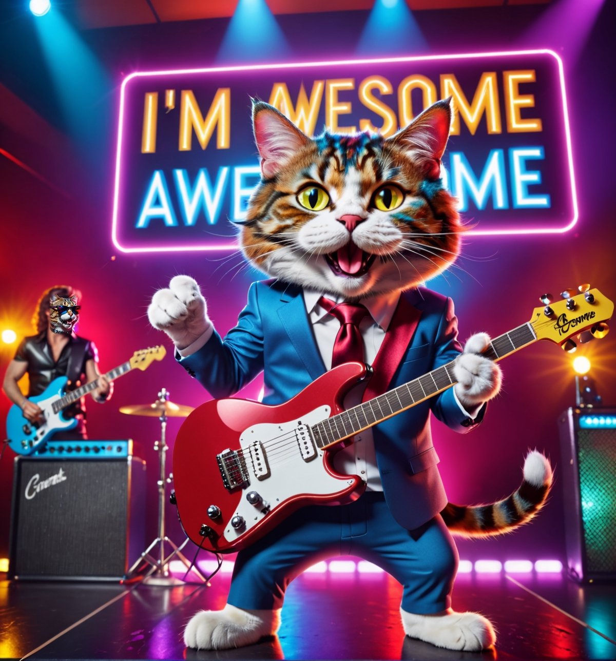 ((Masterpiece in maximum 16K resolution, cartoon style, emphasizing humor, dynamic 3D perspective and rock'n'roll atmosphere)). | A stylish cat, dressed in an elegant suit and tie, is on stage in a nightclub, playing an incredible rock concert. He's holding a sign that reads "I'm awesome" in one hand, while playing an electric guitar with skill and attitude in the other. His confident gaze, thin whiskers and playful facial expression convey all his energy and charisma. The set includes the crowded nightclub, with lively people, colored lights, sound effects and smoke, creating a vibrant and electrifying atmosphere. Three-dimensional composition. Cinematic lighting and elements such as sparkles, soft lighting, smoothness and particles add dynamism. Scene of a stylish cat playing a rock concert in a nightclub, holding a sign with the inscription "I'm awesome". | The camera is positioned very close to him, revealing his entire body as he assumes a dynamic pose, interacting with and leaning against a structure in the scene in an exciting way. | (((He takes a dynamic pose as he interacts, boldly leaning on a structure, leaning back in an exciting way.))), (((((full-body image))))), ((perfect pose, perfect anatomy, perfect body)), ((better hands, perfect fingers, perfect legs, perfect hands)), (((perfect composition, perfect design, perfect layout, correct imperfections))), ((Add more detail, More Detail, Enhance))