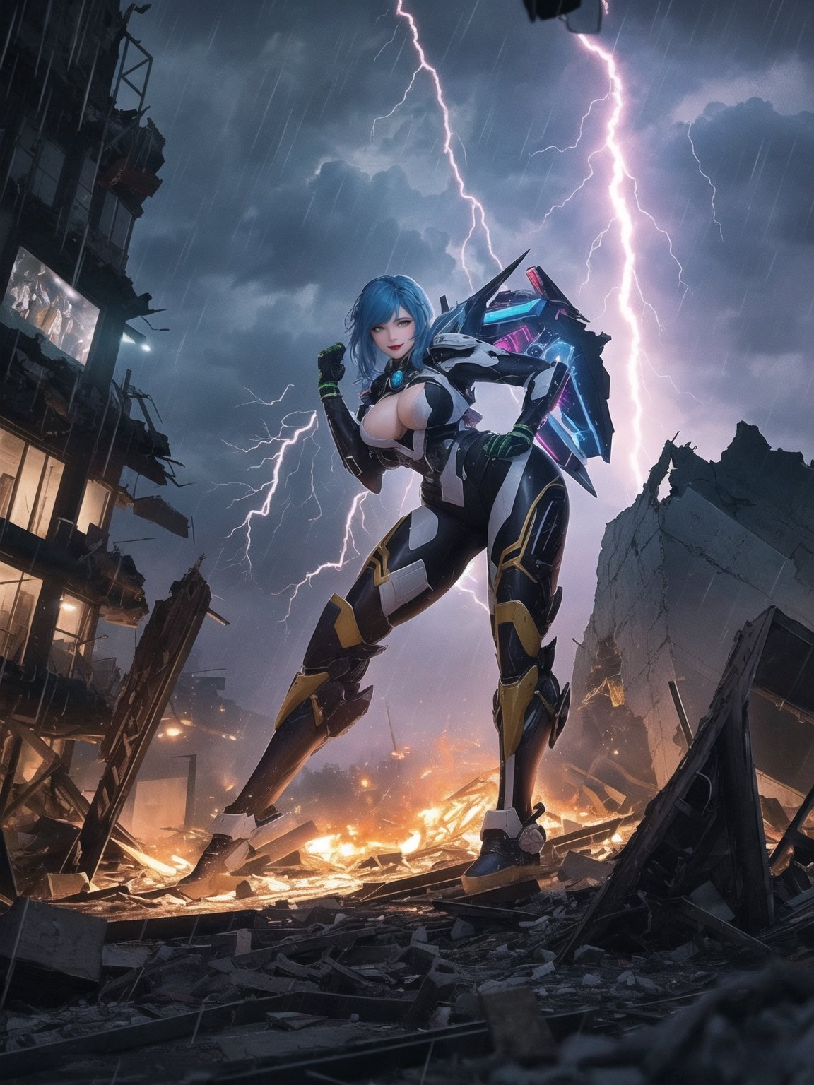 Impeccable 8K resolution, ultra-detailed. In a fusion style of mecha and CGI anime, with traits reminiscent of futuristic aesthetics. | Amidst the destruction of a city at night, under heavy rain, a 30-year-old woman, clad in a white mecha suit with blue details and golden neon lights, displays an intense expression of hatred and fury. Her voluminous bust and spiky blue hair, with a fringe covering part of her right eye, add a distinctive touch to her presence. She stares directly at the viewer, emanating a blue magical aura with pulsating thunder around her. | The composition highlights the character in the foreground, while massive debris from destroyed buildings and wreckage of machines fill the scene. The dynamic angle emphasizes the strength and determination of the woman amidst the chaos. | Effects like dramatic lighting, intense rain, and thunder flashes create an electrifying atmosphere. The intensity of the magical aura adds a supernatural touch to the scene, heightening the character's sense of power. | A commanding woman in a white mecha suit, expressing anger and determination amid the destruction of a city at night under heavy rain. She ((interacting and leaning on anything, very large structure+object, leaning against, sensual pose):1.2), ((Full body image)), better_hands, More Detail