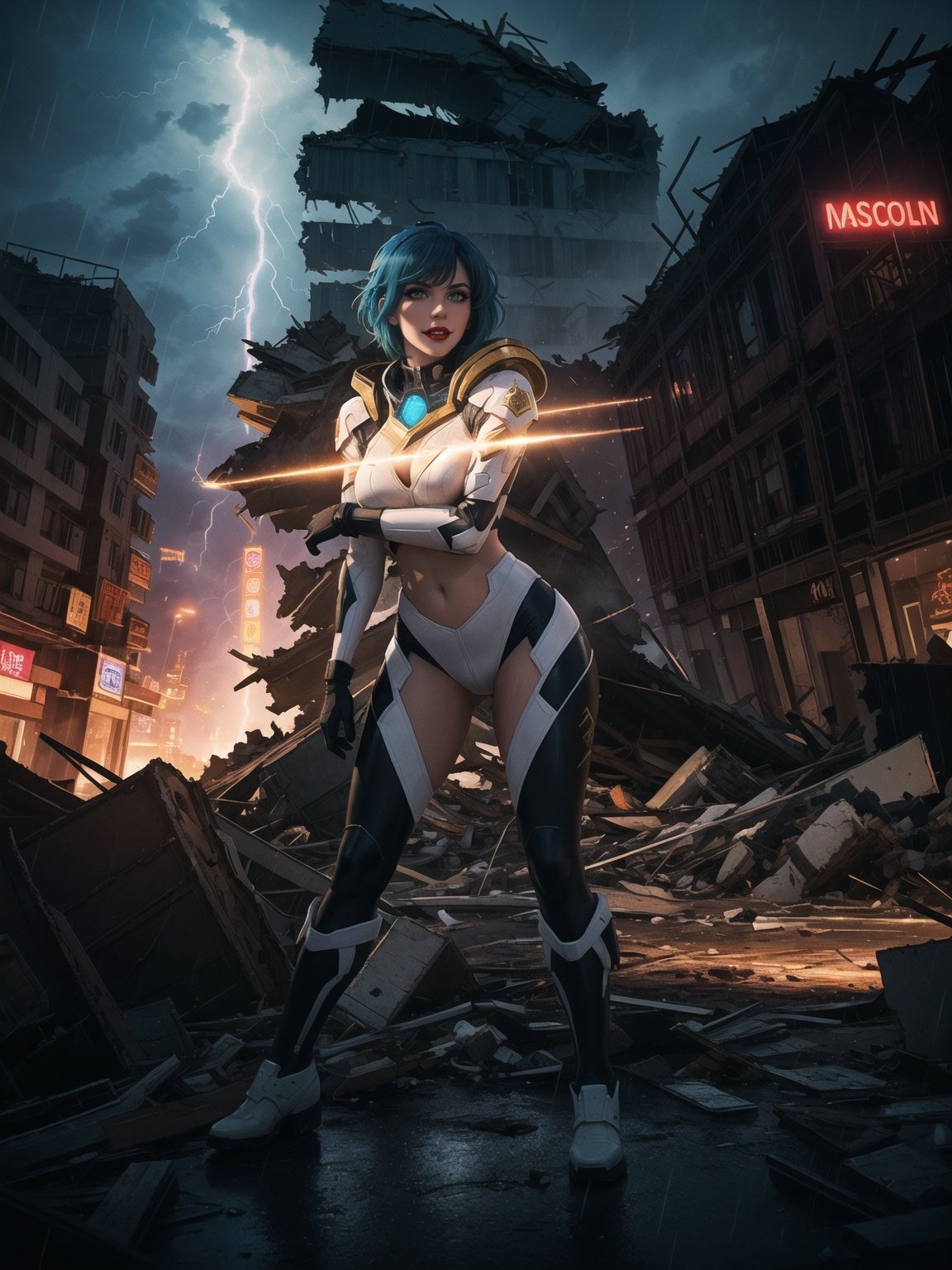 Impeccable 8K resolution, ultra-detailed. In a fusion style of mecha and CGI anime, with traits reminiscent of futuristic aesthetics. | Amidst the destruction of a city at night, under heavy rain, a 30-year-old woman, clad in a white mecha suit with blue details and golden neon lights, displays an intense expression of hatred and fury. Her voluminous bust and spiky blue hair, with a fringe covering part of her right eye, add a distinctive touch to her presence. She stares directly at the viewer, emanating a blue magical aura with pulsating thunder around her. | The composition highlights the character in the foreground, while massive debris from destroyed buildings and wreckage of machines fill the scene. The dynamic angle emphasizes the strength and determination of the woman amidst the chaos. | Effects like dramatic lighting, intense rain, and thunder flashes create an electrifying atmosphere. The intensity of the magical aura adds a supernatural touch to the scene, heightening the character's sense of power. | A commanding woman in a white mecha suit, expressing anger and determination amid the destruction of a city at night under heavy rain. She ((interacting and leaning on anything, very large structure+object, leaning against, sensual pose):1.2), ((Full body image)), better_hands, More Detail