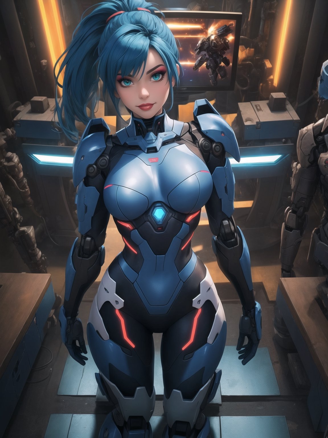 A woman is wearing a white mecha suit with blue parts. The suit has circular neon lights attached in various areas, and it fits tightly on her body. Her breasts are very large. She has blue hair, short, mohawk style, with a ponytail and a large fringe in front of her eyes. She is looking at the viewer. The scene takes place in a laboratory with many machines. There is a table with alchemy equipment, a computer, a plasma TV, a chair, and robots. ((She strikes a sensual pose, interacting with any object or item, leaning, resting and leaning against it)), maximum detail, ((full body)), 16k, best possible quality, ultra detailed, best possible resolution, Unreal Engine 5, professional photography, perfect hand, fingers, hand, perfect