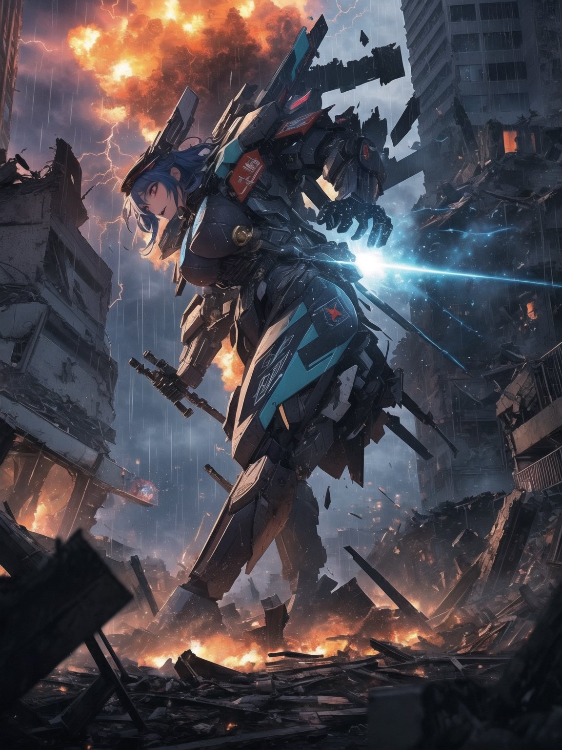 Impeccable 8K resolution, ultra-detailed. In a fusion style of mecha and CGI anime, with traits reminiscent of futuristic aesthetics. | Amidst the destruction of a city at night, under heavy rain, a 30-year-old woman, clad in a white mecha suit with blue details and golden neon lights, displays an intense expression of hatred and fury. Her voluminous bust and spiky blue hair, with a fringe covering part of her right eye, add a distinctive touch to her presence. She stares directly at the viewer, emanating a blue magical aura with pulsating thunder around her. | The composition highlights the character in the foreground, while massive debris from destroyed buildings and wreckage of machines fill the scene. The dynamic angle emphasizes the strength and determination of the woman amidst the chaos. | Effects like dramatic lighting, intense rain, and thunder flashes create an electrifying atmosphere. The intensity of the magical aura adds a supernatural touch to the scene, heightening the character's sense of power. | A commanding woman in a white mecha suit, expressing anger and determination amid the destruction of a city at night under heavy rain. She ((interacting and leaning on anything, very large structure+object, leaning against, sensual pose):1.2), ((Full body image)), better_hands, More Detail