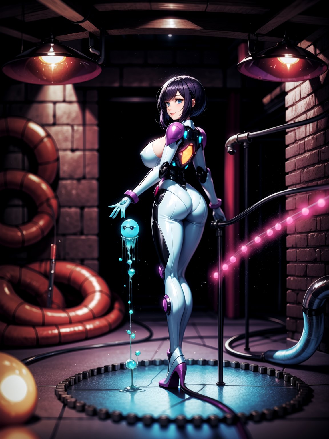{((1 woman))}, only she is {((white mecha suit with black parts, gears, cybernetic parts)), only she has ((giant breasts)), ((extroverted pose from the front, short purple hair, blue eyes)), staring at the viewer, smiling, ((alien cave, goo on the walls, equipment with pipes and lights, several slimy monsters, back, background, well-lit area))}, ((full body):1.5), (( Super Metroid)), 16k, best quality, best resolution, best sharpness,