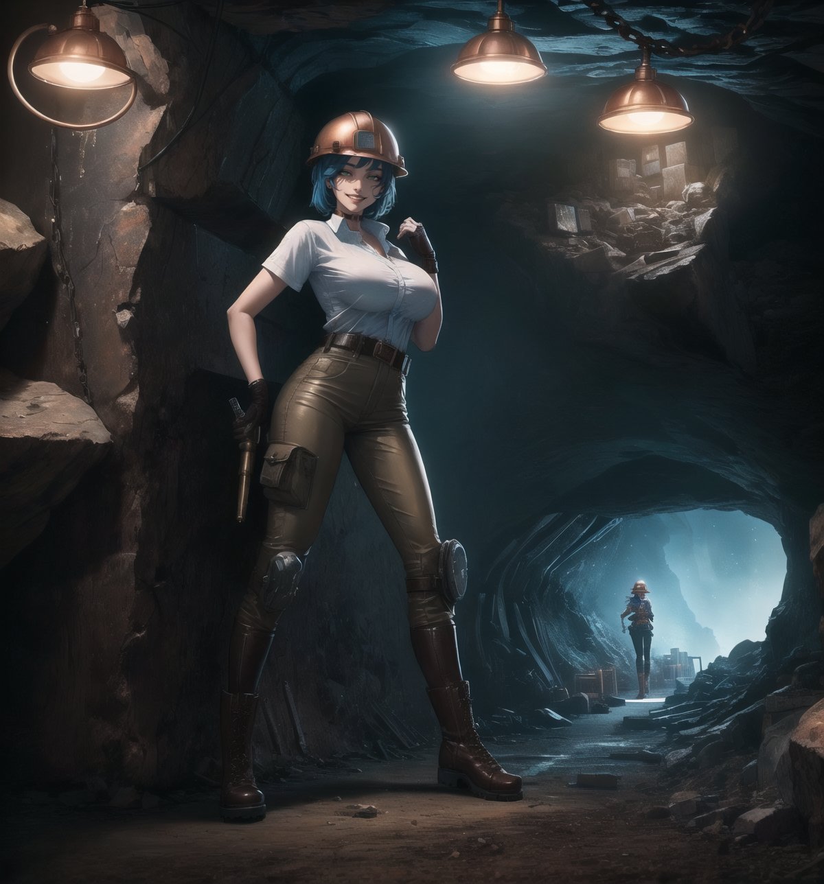 A masterpiece in 4K ultra-detailed realistic and futuristic style. | Ayla, a 26-year-old woman with short, messy blue hair, wears a brown mining suit with copper and black accents. The suit consists of a short-sleeved shirt, long pants, and high-top boots. She also wears a protective helmet with a lamp on the front, brown leather gloves, a belt with various tools, and a copper pocket watch. Her green eyes are looking at the viewer, ((smiling)) showing her white teeth and lips painted in dark brown. The scene takes place in a mining cave, with rocky structures and wooden and metal frameworks, mining machinery and equipment, and lamps attached to the walls. | The image highlights Ayla's imposing figure amidst the mining cave. The rocky, wooden, and metal structures, along with Ayla, the mining equipment, the tools on her belt, and the lamps on the walls, create a futuristic and industrial atmosphere. The lamps and the light from the helmet's lamp create dramatic shadows and highlight the details of the scene. | Soft and dark lighting effects create a relaxing and mysterious atmosphere, while rough and detailed textures on the structures and the suit add realism to the image. | A relaxing and terrifying scene of Ayla, a woman miner, in a futuristic mining cave. | ((((The image reveals a full-body_shot as she assumes a sensual_pose, engagingly leaning against a structure within the scene in an exciting manner))))). | (((((She takes on a sensual_pose as she interacts, boldly leaning on a structure, leaning back in an exciting way))))). | ((perfect_body)), ((perfect_pose)), ((full-body_shot)), ((perfect_fingers, better_hands, perfect_hands)), ((perfect_legs, perfect_feet)), ((huge_breasts, big_natural_breasts, sagging_breasts)), ((perfect_design)), ((perfect_composition)), ((very detailed scene, very detailed background, perfect_layout, correct_imperfections)), ((More Detail, Enhance))