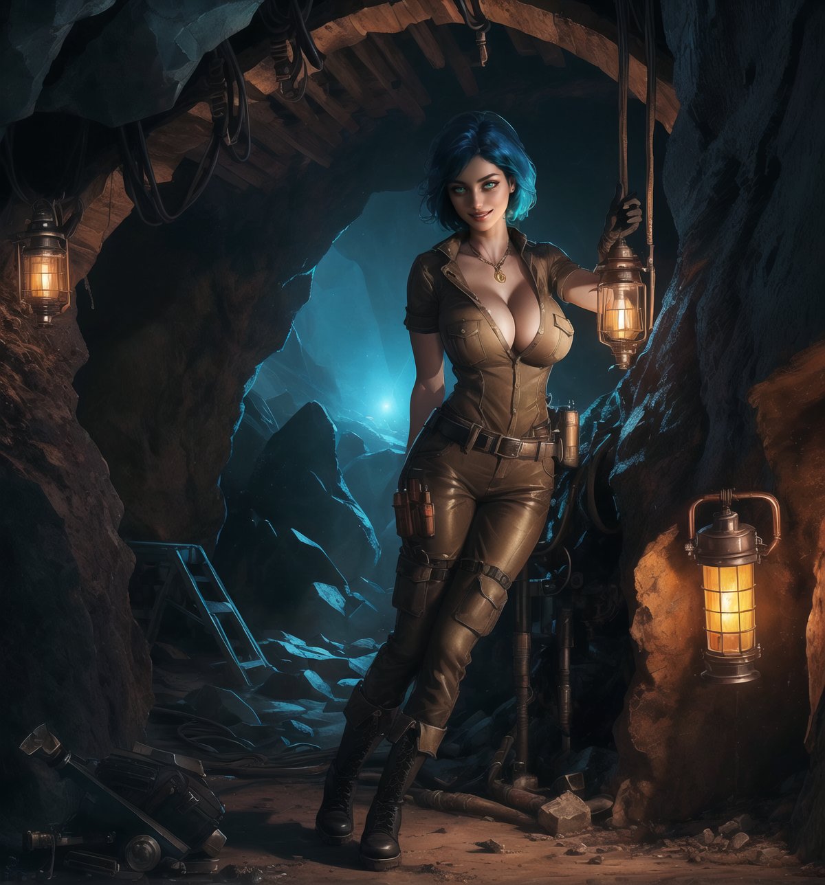 A masterpiece in 4K ultra-detailed realistic and futuristic style. | Ayla, a 26-year-old woman with short, messy blue hair, wears a brown mining suit with copper and black accents. The suit consists of a short-sleeved shirt, long pants, and high-top boots. She also wears a protective helmet with a lamp on the front, brown leather gloves, a belt with various tools, and a copper pocket watch. Her green eyes are looking at the viewer, ((smiling)) showing her white teeth and lips painted in dark brown. The scene takes place in a mining cave, with rocky structures and wooden and metal frameworks, mining machinery and equipment, and lamps attached to the walls. | The image highlights Ayla's imposing figure amidst the mining cave. The rocky, wooden, and metal structures, along with Ayla, the mining equipment, the tools on her belt, and the lamps on the walls, create a futuristic and industrial atmosphere. The lamps and the light from the helmet's lamp create dramatic shadows and highlight the details of the scene. | Soft and dark lighting effects create a relaxing and mysterious atmosphere, while rough and detailed textures on the structures and the suit add realism to the image. | A relaxing and terrifying scene of Ayla, a woman miner, in a futuristic mining cave. | (((((The image reveals a full-body_shot as she assumes a sensual_pose, engagingly leaning against a structure within the scene in an exciting manner. She takes on a sensual_pose as she interacts, boldly leaning on a structure, leaning back in an exciting way)))))). | ((perfect_body)), ((perfect_pose)), ((full-body_shot)), ((perfect_fingers, better_hands, perfect_hands)), ((perfect_legs, perfect_feet)), ((huge_breasts, big_natural_breasts, sagging_breasts)), ((perfect_design)), ((perfect_composition)), ((very detailed scene, very detailed background, perfect_layout, correct_imperfections)), ((More Detail, Enhance))