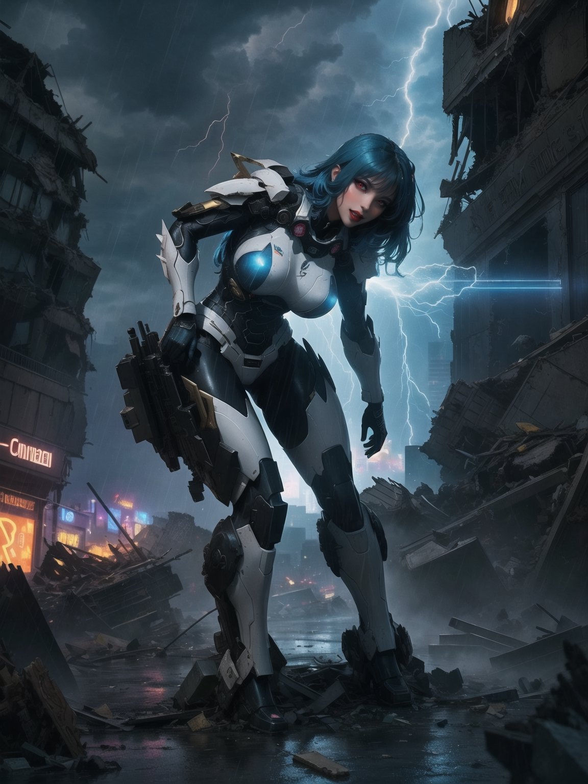 Impeccable 8K resolution, ultra-detailed. In a fusion style of mecha and CGI anime, with traits reminiscent of futuristic aesthetics. | Amidst the destruction of a city at night, under heavy rain, a 30-year-old woman, clad in a white mecha suit with blue details and golden neon lights, displays an intense expression of hatred and fury. Her voluminous bust and spiky blue hair, with a fringe covering part of her right eye, add a distinctive touch to her presence. She stares directly at the viewer, emanating a blue magical aura with pulsating thunder around her. | The composition highlights the character in the foreground, while massive debris from destroyed buildings and wreckage of machines fill the scene. The dynamic angle emphasizes the strength and determination of the woman amidst the chaos. | Effects like dramatic lighting, intense rain, and thunder flashes create an electrifying atmosphere. The intensity of the magical aura adds a supernatural touch to the scene, heightening the character's sense of power. | A commanding woman in a white mecha suit, expressing anger and determination amid the destruction of a city at night under heavy rain. She ((interacting and leaning on anything, very large structure+object, leaning against, sensual pose):1.2), ((Full body image)), better_hands, More Detail