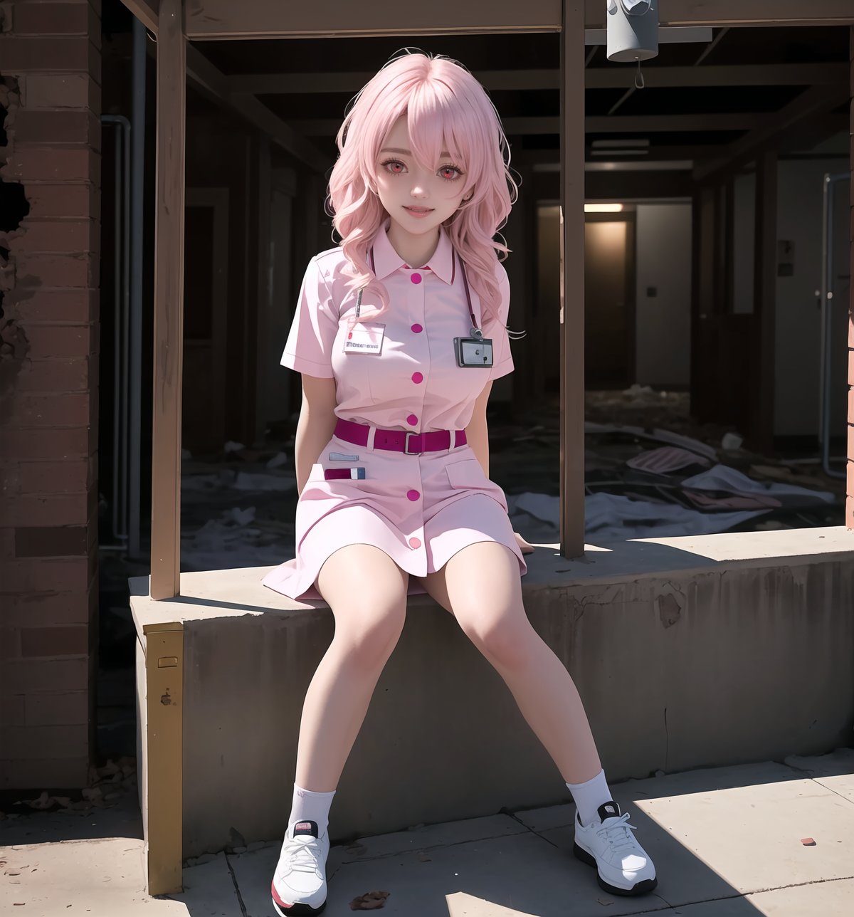 An ultra-detailed 4K masterpiece featuring horror and fantasy styles, rendered in ultra-high resolution with stunning graphical detail. | Maiya, a 23-year-old female nurse, dressed in a white nurse's uniform consisting of a white button-down blouse, white skirt and white shoes. Her long, wavy ((pink hair)) falls over her shoulders, giving her an innocent and vulnerable look. ((Its red eyes are fixed on the viewer, smiling and showing its white teeth)). | The image highlights Maiya's imposing figure and the architectural elements of the macabre, destroyed and filthy hospital in which she finds herself. The destroyed hospital structures and broken hospital machines scattered across the floor create a frightening and oppressive environment. Blinking bulbs create dramatic shadows and highlight details in the scene. In the background, a demon in the shadows looks at Maiya, adding an extra layer of tension and fear. | Soft, shadowy lighting effects create a tense, fear-filled atmosphere, while rough, detailed textures on structures and uniforms add realism to the image. | A haunting and suspenseful scene of a woman nurse in a macabre hospital, exploring themes of horror, fear and survival. | (((The image reveals a full-body shot as Maiya assumes a sensual pose, engagingly leaning against a structure within the scene in an exciting manner. She takes on a sensual pose as she interacts, boldly leaning on a structure, leaning back and boldly throwing herself onto the structure, reclining back in an exhilarating way.))). | ((((full-body shot)))), ((perfect pose)), ((perfect arms):1.2), ((perfect limbs, perfect fingers, better hands, perfect hands, hands)), ((perfect legs, perfect feet):1.2), ((perfect design)), ((perfect composition)), ((very detailed scene, very detailed background, perfect layout, correct imperfections)), Enhance, Ultra details, More Detail, ((poakl))