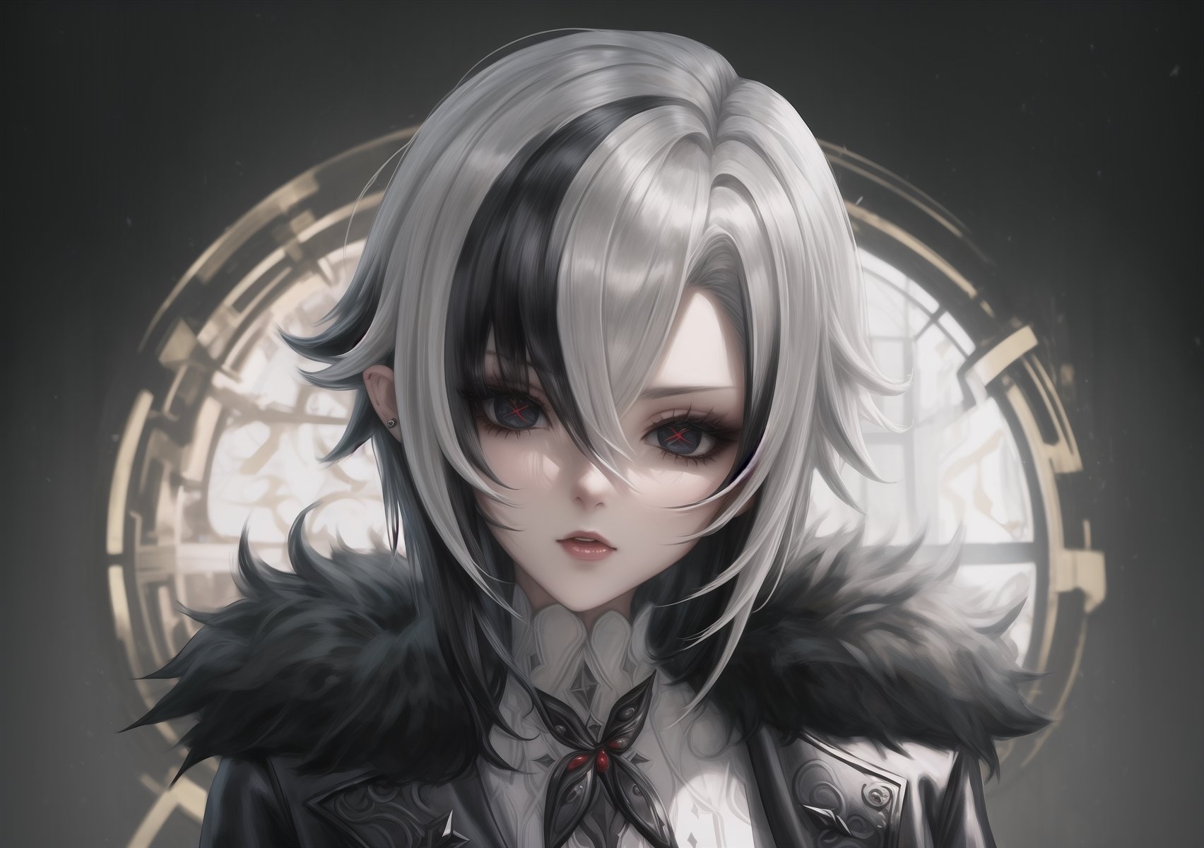 1 girl, black_eyes, coat, piercing_ears, fur coat, clipped feet, gloves, hair_between_eyes, high resolution, multicolored_hair, red_pupils, short_hair, side bangs, solo, highlighted_hair, two_tone_hair, white_gloves, white_hair, x-shaped_pupils, black_hair, blurred , brooch, cloak, dark_background, depth_of_field, fur-trimmed coat, fur trim, hair_between_eyes, high-res, jewelry, looking_at_viewer, multicolored_hair, portrait, red_eyes, shorthair, solo, streaked_hair, symbol_pupils, two-tone_hair, white_coat, white_hair, x-shaped_pupils,arlecchino(genshin impact)