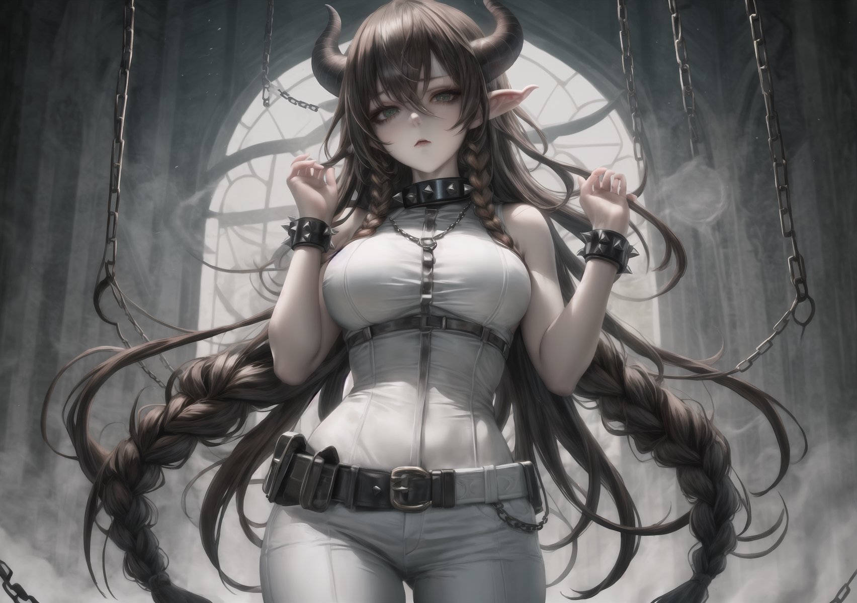 a demon woman, horns, long horns, pale skin, big breasts, thighs, long hair with highlights, dark yellow highlights, dark brown hair, braids, slave collar, chains on the collar, slave handcuffs, white cloth pants, white sleeveless shirt, white armor, dynamic pose, dark green eyes, calm expression, looking at viewer, spikes, white top hat