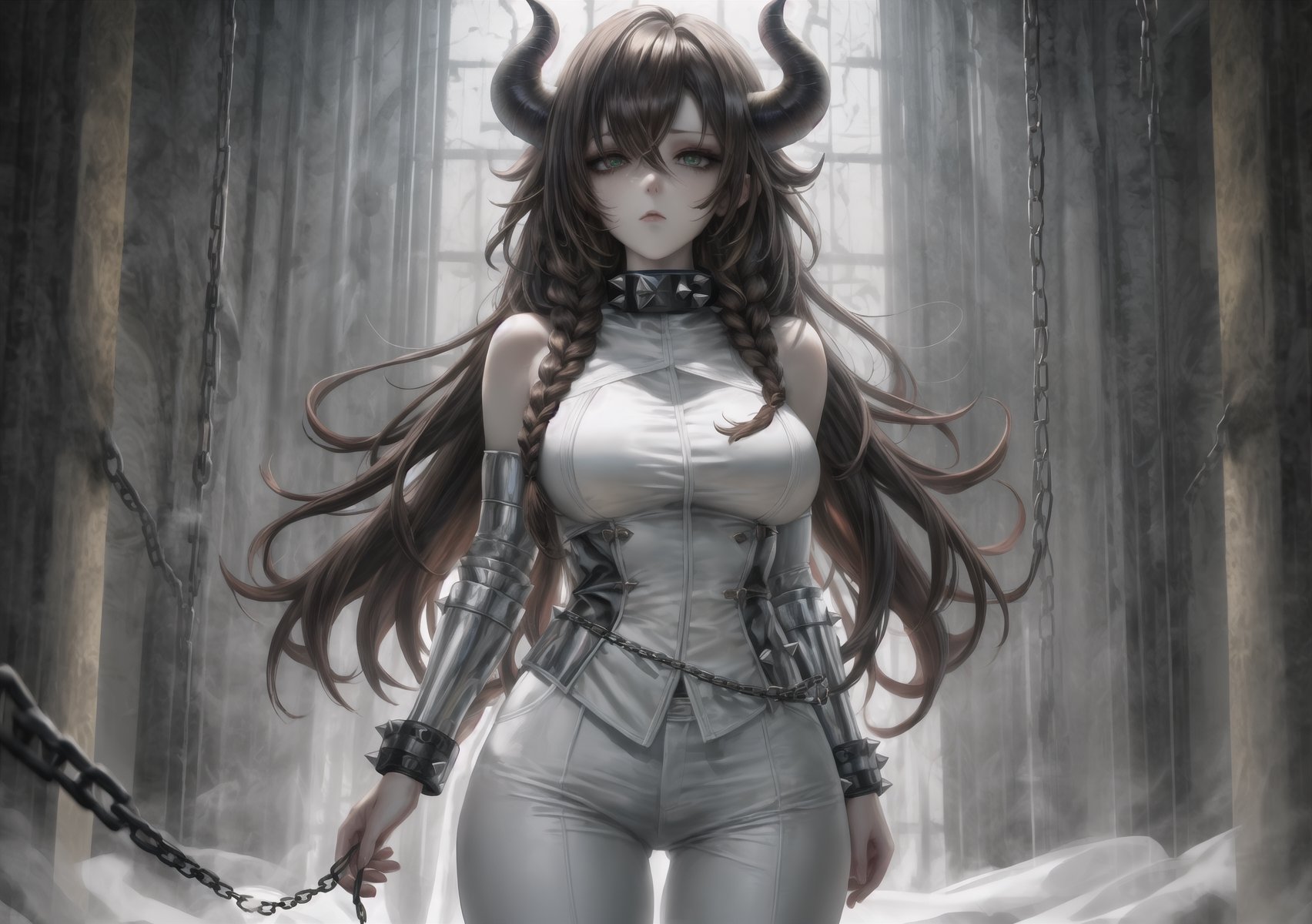 a demon woman, horns, long horns, pale skin, big breasts, thighs, long hair with highlights, dark yellow highlights, dark brown hair, braids, slave collar, chains on the collar, slave handcuffs, white cloth pants, white sleeveless shirt, white armor, dynamic pose, dark green eyes, calm expression, looking at viewer, spikes,