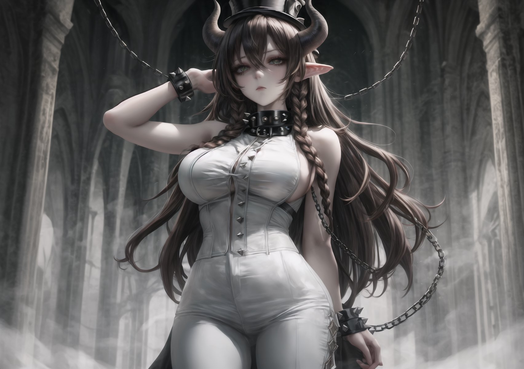 a demon woman, horns, long horns, pale skin, big breasts, thighs, long hair with highlights, dark yellow highlights, dark brown hair, braids, slave collar, chains on the collar, slave handcuffs, white cloth pants, white sleeveless shirt, white armor, dynamic pose, dark green eyes, calm expression, looking at viewer, spikes, white top hat