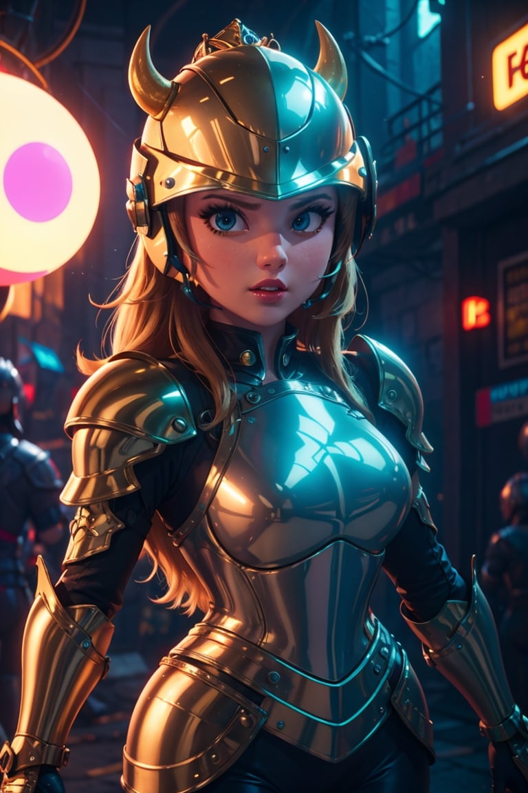 Princess peach Knight, neon lights on armor, buffalo-shaped helmet, detailed, natural shading, rendered with unreal Engine 5,in the style of SM,