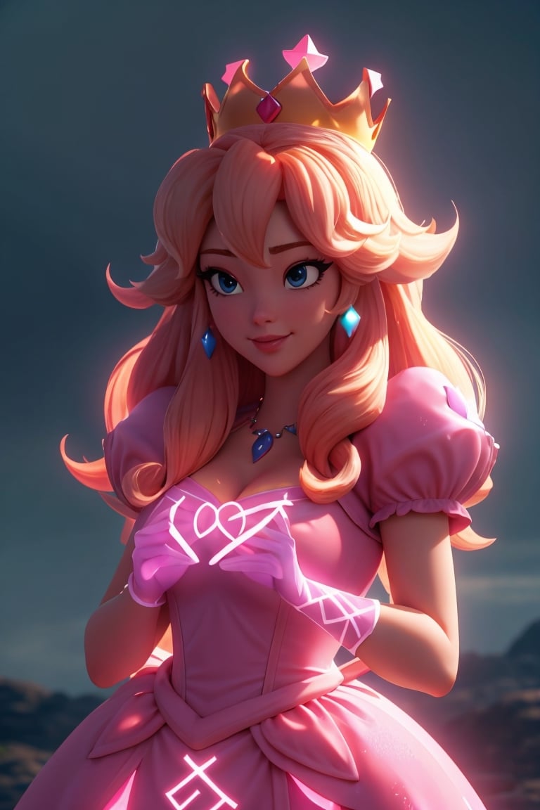 Princess Peach in the style of SM, looking at viewer, outdoors, simple background, crown, standing, (upper body), ,GlowingRunes