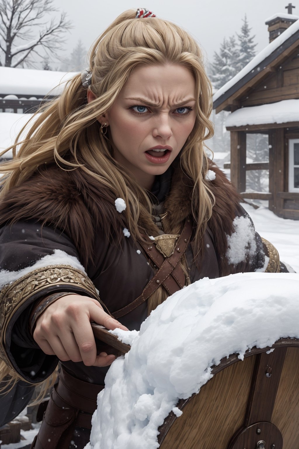 masterpiece, best quality,angry viking woman, snow background, covered with snow,