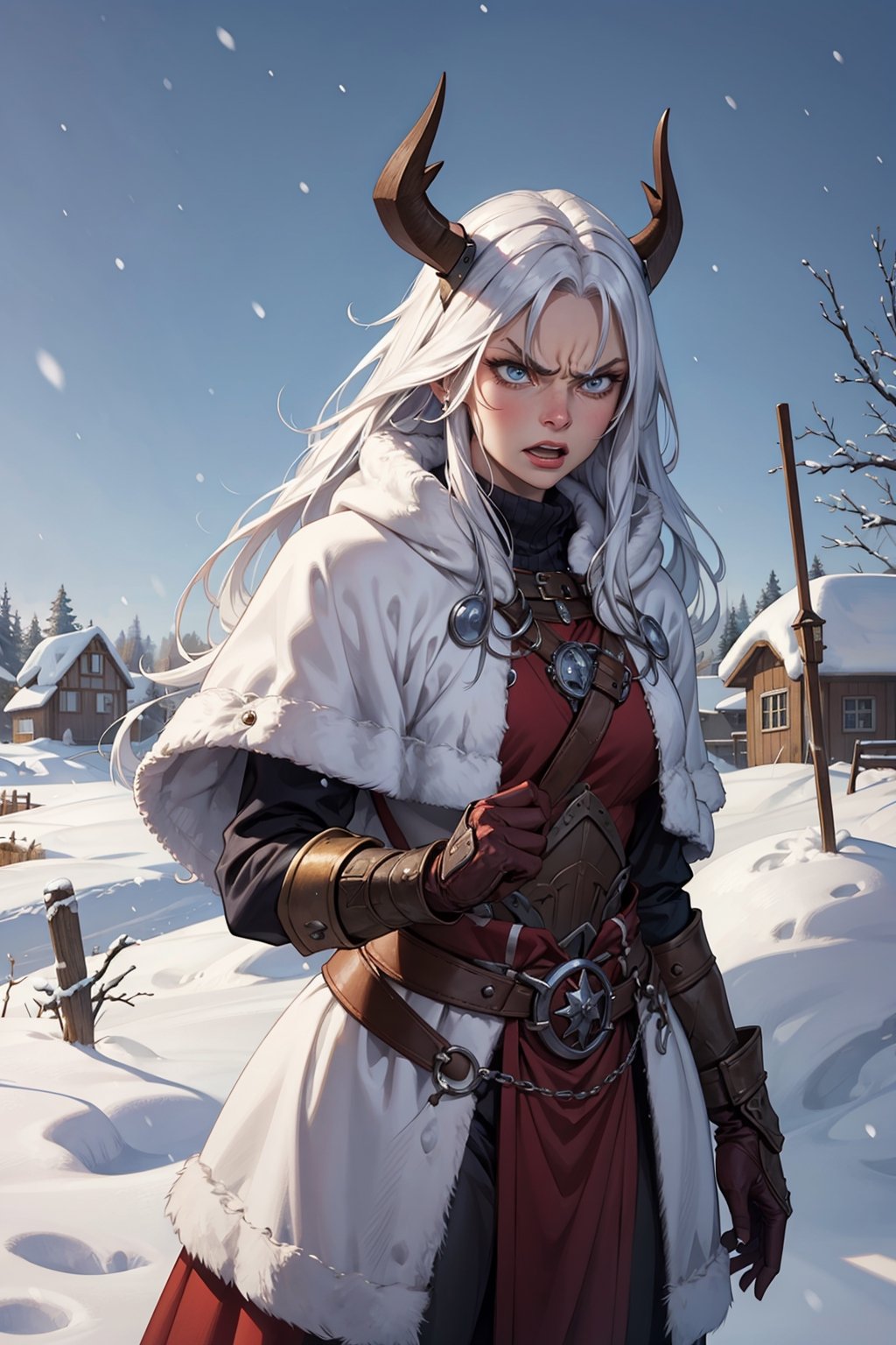 masterpiece, best quality,angry viking woman, snow background, covered with snow,