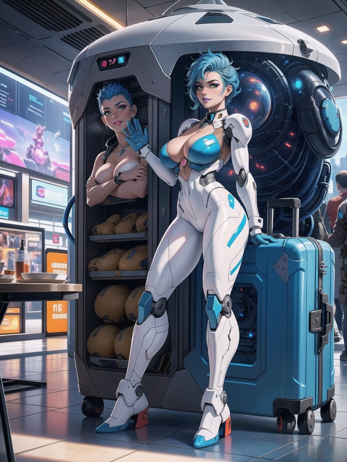 Solo woman, wearing mecha suit+cybernetic armor+gundam suit, all white with parts in blue, gigantic breasts, mohawk hair, blue hair, messy hair, looking directly at the viewer, she is, in an ((alien airport, with many machines, many aliens, many people transiting, glass table, chair, luggage carts, 16K, UHD, best possible quality, ultra detailed, best possible resolution, Unreal Engine 5professional photography, she is, (((Sensual pose with interaction and leaning on anything+object+on something+leaning against))), better_hands, More detail, ((futuristic, ultra-technological)), ((full body)),