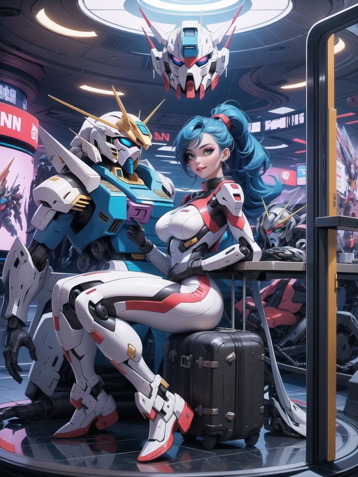 Solo woman, wearing mecha suit+cybernetic armor+gundam suit, all white with parts in blue, gigantic breasts, mohawk hair, blue hair, messy hair, looking directly at the viewer, she is, in an alien airport, with many machines, many aliens, many people transiting, glass table, chair, luggage carts, ((gundam, futuristic, ultra-technological, alien)), 16K, UHD, best possible quality, ultra detailed, best possible resolution, Unreal Engine 5, professional photography, she is, (((Sensual pose with interaction and leaning on anything+object+on something+leaning against))), better_hands, More detail, ((full body)),