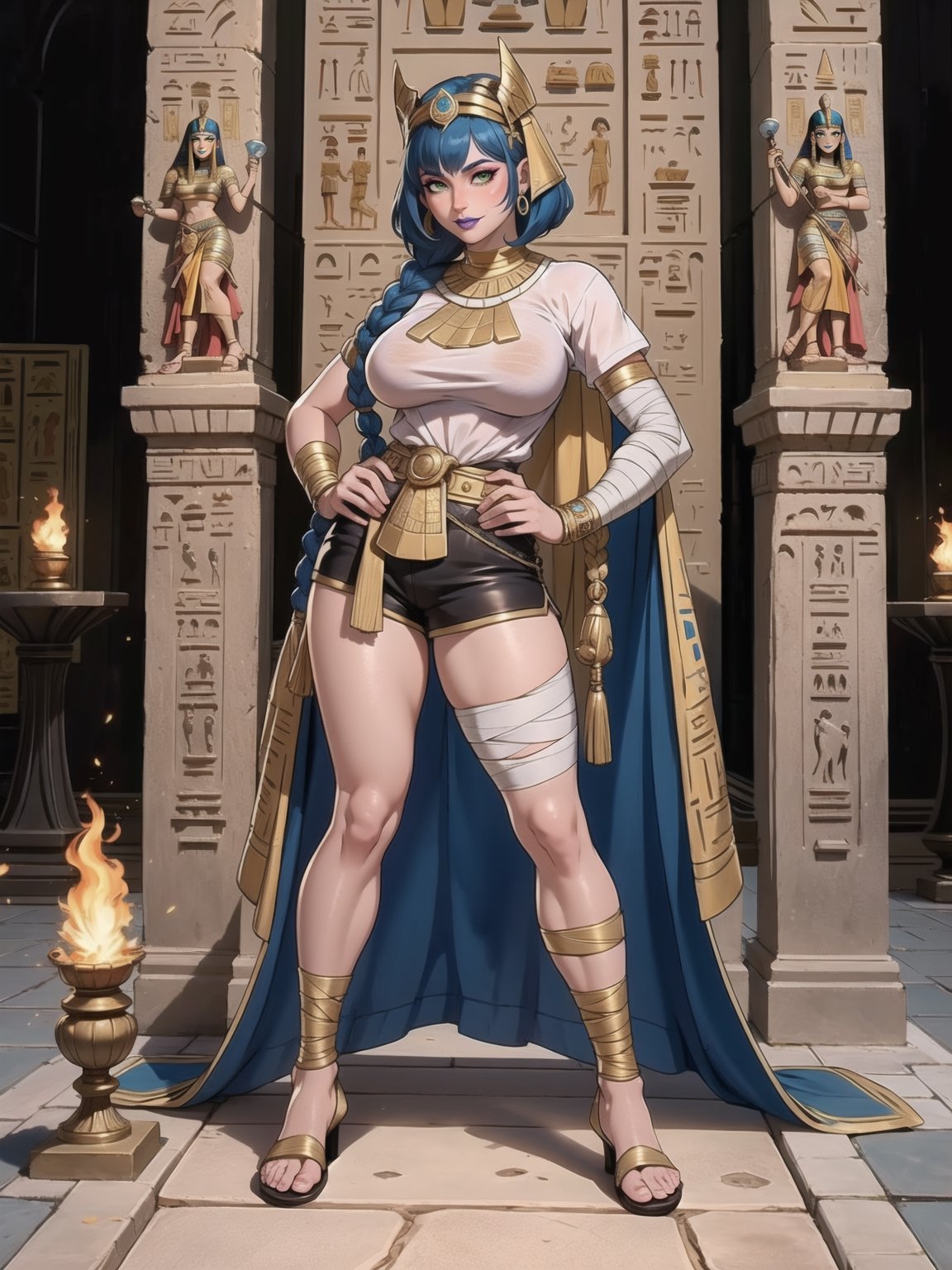 A woman, Egyptian costume with white t-shirt + golden armor, shorts + very short black skirt, brown leather sandals, ((body bandaged with bandages)), very tight costume and stuck to the body. Gigantic breasts, wearing a helmet on her head, very short hair, blue hair, hair with 1+ braids, hair with bangs in front of her eyes. Looking directly at the viewer, at a very ancient Egyptian pyramid, with large stone altars, figurines. Sarcophagi of ancient kings, torches attached to the walls illuminating the place, ancient mirrors, ((sensual pose with interaction and leaning on anything + object+on something + leaning against)) + present in a very ancient Egyptian pyramid, ((Ancient Egypt, Sahara Desert)), 16K, UHD, Unreal Engine 5, (full body:1.5), quality max, max resolution, ultra-realistic, maximum sharpness, More detail, perfect_legs, perfect_thighs, perfect_feet, perfect_hands, better_hands