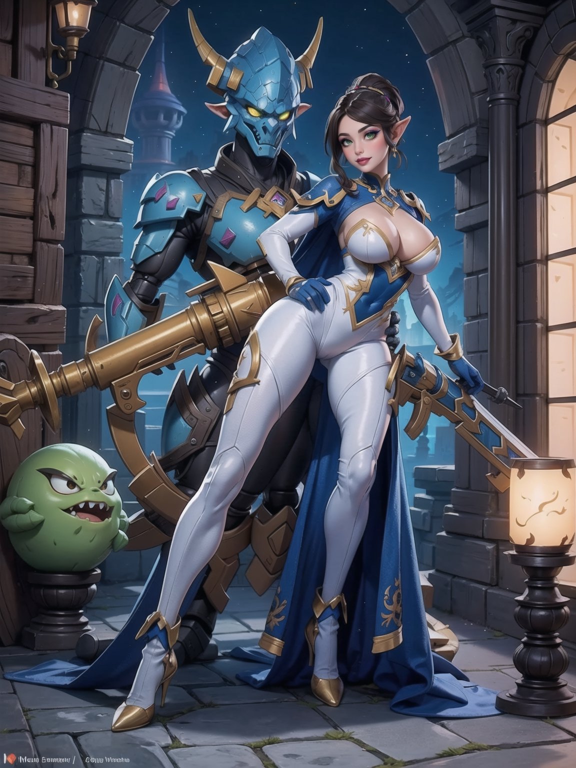 Solo woman, ((mecha costume all white, parts in blue, lights in yellow, costume very tight on the body, gigantic breasts)), mohawk hair, blue hair, messy hair, hair with ponytail, looking directly at the viewer, she is, in a very old dungeon at the top of the mountains at night, with many altars, slimes, large weapons, metal Golems, heavy weapons, large stones, scaly monsters, ((super metroid, ultra technological, warcraft, zelda breath of the wild)), 16K, UHD, best possible quality, ultra detailed, best possible resolution, Unreal Engine 5, super metroid, professional photography, she is, (((Sensual pose with interaction and leaning on anything+object+on something+leaning against))), better_hands, More detail, ((full body))