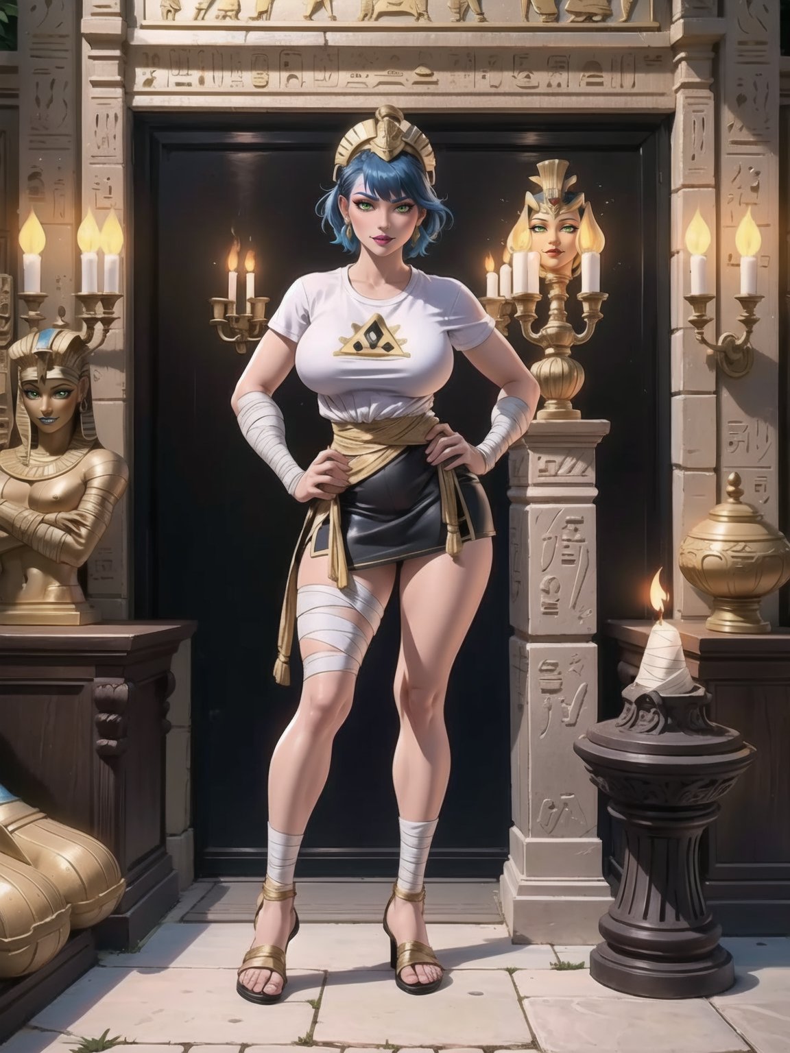A woman, Egyptian costume with white t-shirt + golden armor, shorts + very short black skirt, brown leather sandals, ((body bandaged with bandages)), very tight costume and stuck to the body. Gigantic breasts, wearing a helmet on her head, very short hair, blue hair, hair with 1+ braids, hair with bangs in front of her eyes. Looking directly at the viewer, at a very ancient Egyptian pyramid, with large stone altars, figurines. Sarcophagi of ancient kings, torches attached to the walls illuminating the place, ancient mirrors, ((sensual pose with interaction and leaning on anything + object+on something + leaning against)) + present in a very ancient Egyptian pyramid, Ancient Egypt, 16K, UHD, Unreal Engine 5, (full body:1.5), quality max, max resolution, ultra-realistic, maximum sharpness, More detail, perfect_legs, perfect_thighs, perfect_feet, perfect_hands, better_hands