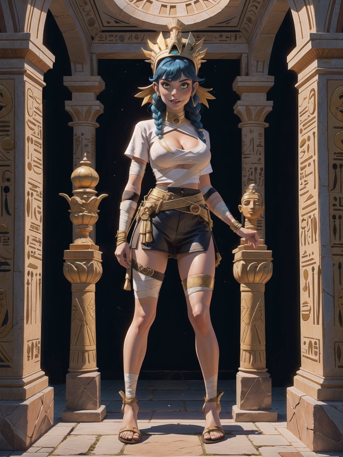 Solo+A woman, Egyptian costume with white t-shirt + gold armor, shorts + very short black skirt, brown leather sandals, ((body bandaged with bandages)), very tight suit and attached to the body. Gigantic breasts, wearing a helmet on her head, very short hair, blue hair, hair with 1+braids, hair with bangs in front of the eyes. Looking directly at the viewer, in an Egyptian tomb, very ancient, with many statuettes of ancient Gods, large stone altars, mummies, sarcophagi, torches stuck on the walls illuminating the place, mirrors, stone altars, (((sensual pose with interaction and leaning on anything + object+on something + leaning against))) + present in a very ancient Egyptian pyramid, ((Ancient Egypt,  16K, UHD, Unreal Engine 5, (full body:1.5), quality max, max resolution, ultra-realistic, maximum sharpness, More detail, perfect_legs, perfect_thighs, perfect_feet, perfect_hands, better_hands
