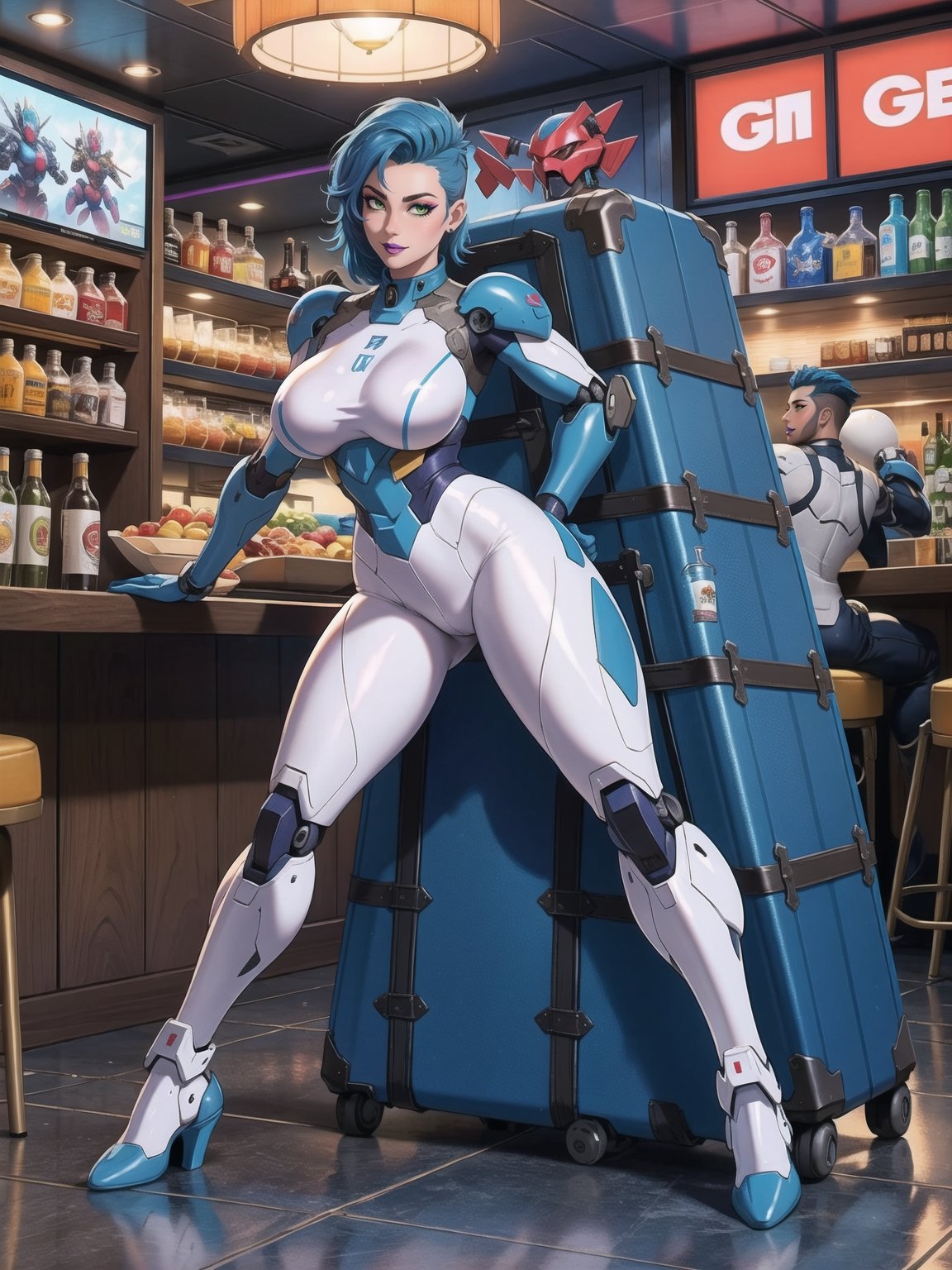 Solo woman, wearing mecha suit+cybernetic armor+gundam suit, all white with blue parts, gigantic breasts, mohawk hair, blue hair, messy hair, looking directly at the viewer, super metroid, she is, in an alien airport, with many machines, many aliens, beverage bar, many people transiting, glass table, chair, luggage trolleys, 16k, UHD, best possible quality, ultra detailed, best possible resolution, Unreal Engine 5, professional photography, ela está, (((Sensual pose with interaction and leaning on anything+object+on something+leaning against))), better_hands, More detail, (((full body)))
