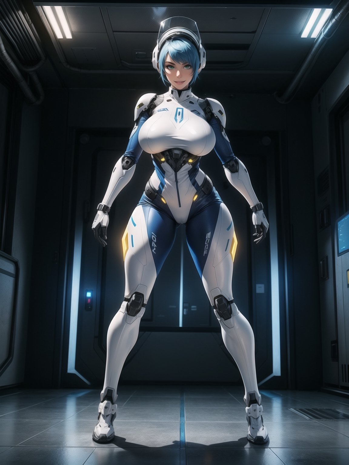 A woman, wearing mecha suit+robotic suit+cybernetizo suit, white+blue parts+yellow lights, very tight costume on the body, ((gigantic breasts, helmet on the head)), blue hair, very short hair, hair with bangs in front of the eyes, is looking at the viewer, (((sensual pose, with interaction, leaning on anything+object+place+leaning))) in an alien dungeon,  with futuristic machines, computers on the walls, control panels, slimes, aliens with cybernetic armor, ((full body):1.5), 16k, UHD, maximum quality, maximum resolution, ultra-realistic, ultra-detailed, ((perfect_hands):1) , Furtastic_Detailer, Goodhands-beta2