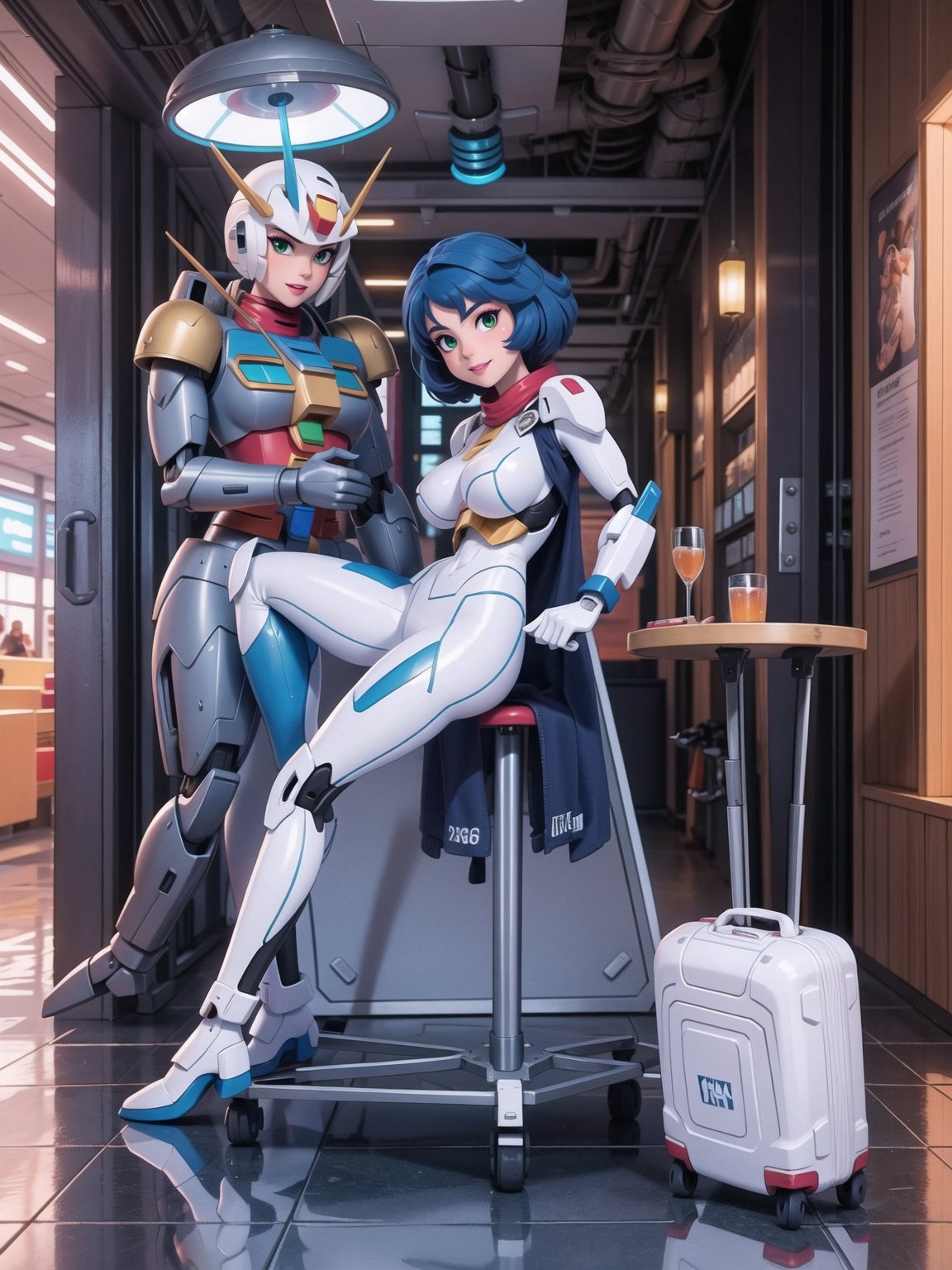 Solo woman, wearing mecha suit+cybernetic armor+gundam suit, all white with parts in blue, gigantic breasts, mohawk hair, blue hair, messy hair, looking directly at the viewer, she is, in an alien airport, with many machines, many aliens, many people transiting, glass table, chair, luggage carts, ((gundam, futuristic, ultra-technological, alien)), 16K, UHD, best possible quality, ultra detailed, best possible resolution, Unreal Engine 5, professional photography, she is, (((Sensual pose with interaction and leaning on anything+object+on something+leaning against))), better_hands, More detail, ((full body)),