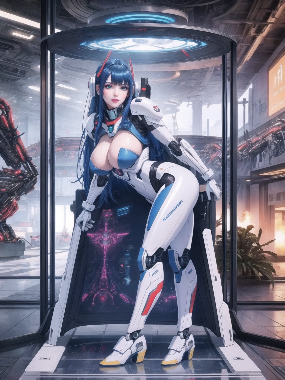 Solo woman, wearing mecha suit+cybernetic armor+gundam suit, all white with parts in blue, gigantic breasts, mohawk hair, blue hair, messy hair, looking directly at the viewer, she is, in an alien airport, with many machines, many aliens, many people transiting, glass table, chair, luggage carts, ((futuristic, ultra-technological, alien)), 16K, UHD, best possible quality, ultra detailed, best possible resolution, Unreal Engine 5, professional photography, she is, (((Sensual pose with interaction and leaning on anything+object+on something+leaning against))), better_hands, More detail, ((full body)),