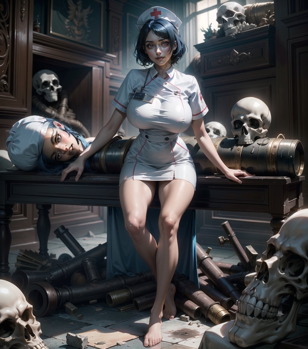 ((Masterpiece in 8K resolution, realistic style with horror influences and elements of gothic art, emphasizing the character's sensuality.))) | A sexy 22-year-old nurse with gigantic breasts and a sweat-drenched body is in a scary operating room of a run-down hospital. She wears an ((all-white nurse outfit, with a short skirt, torn and dirty)), revealing her legs. Barefoot, she has a nurse's cap with a red cross in the center. Her (her (red eyes)) contrast with her ((ghoulish smile)) as she looks directly at the viewer, conveying a mixture of seduction and menace. Her short ((blue hair)) with big bangs adds a touch of mystery to her appearance. | The scene unfolds in a dirty, poorly lit operating room, with deteriorated structures, destroyed medical equipment and scattered remains, such as skeletons, skulls and zombies. The atmosphere is dense and oppressive, with sinister, demonic shadows stirring in the darkness. | The composition approaches from a low viewing angle, highlighting the nurse's imposing, sensual figure and the terrifying setting. The sparse, contrasting lighting creates a dramatic effect, emphasizing the textures and details of the scene, including the beads of sweat running down the nurse's body. | Gothic and seductive nurse in a haunted and decaying operating room. | (((She takes a sensual_pose as she interacts, boldly leaning on a structure, leaning back in an exciting way.))), (((((full-body portrait))))), ((perfect_pose, perfect_anatomy, perfect_body)), ((perfect_fingers, perfect_hands, better_hands)), (((perfect_composition, perfect_design, perfect_layout, perfect_detail)), ((ultra_detailed, More Detail, Enhance)))., (masterpiece