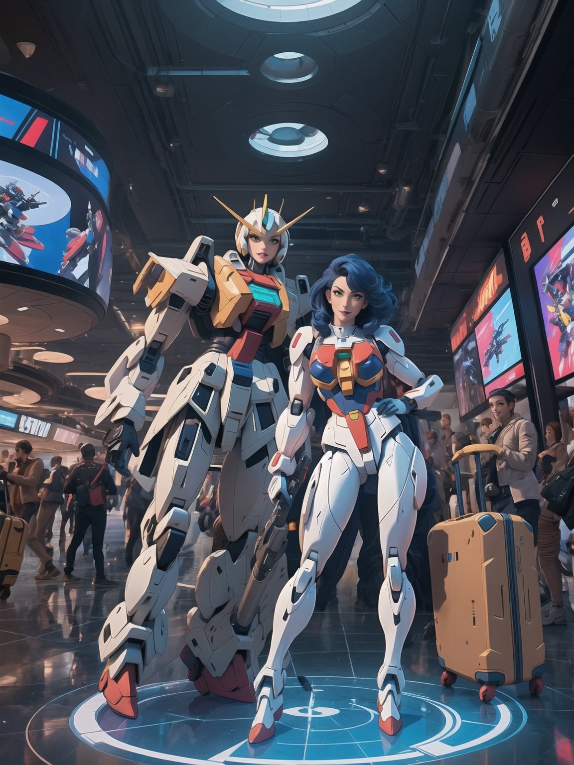 Solo woman, wearing mecha suit+cybernetic armor+gundam suit, all white with parts in blue, gigantic breasts, mohawk hair, blue hair, messy hair, looking directly at the viewer, she is, in an alien airport, with many machines, many aliens, many people transiting, glass table, chair, luggage carts, ((gundam, futuristic, ultra-technological, alien)), 16K, UHD, best possible quality, ultra detailed, best possible resolution, Unreal Engine 5, professional photography, she is, (((Sensual pose with interaction and leaning on anything+object+on something+leaning against))), better_hands, More detail, ((full body)),