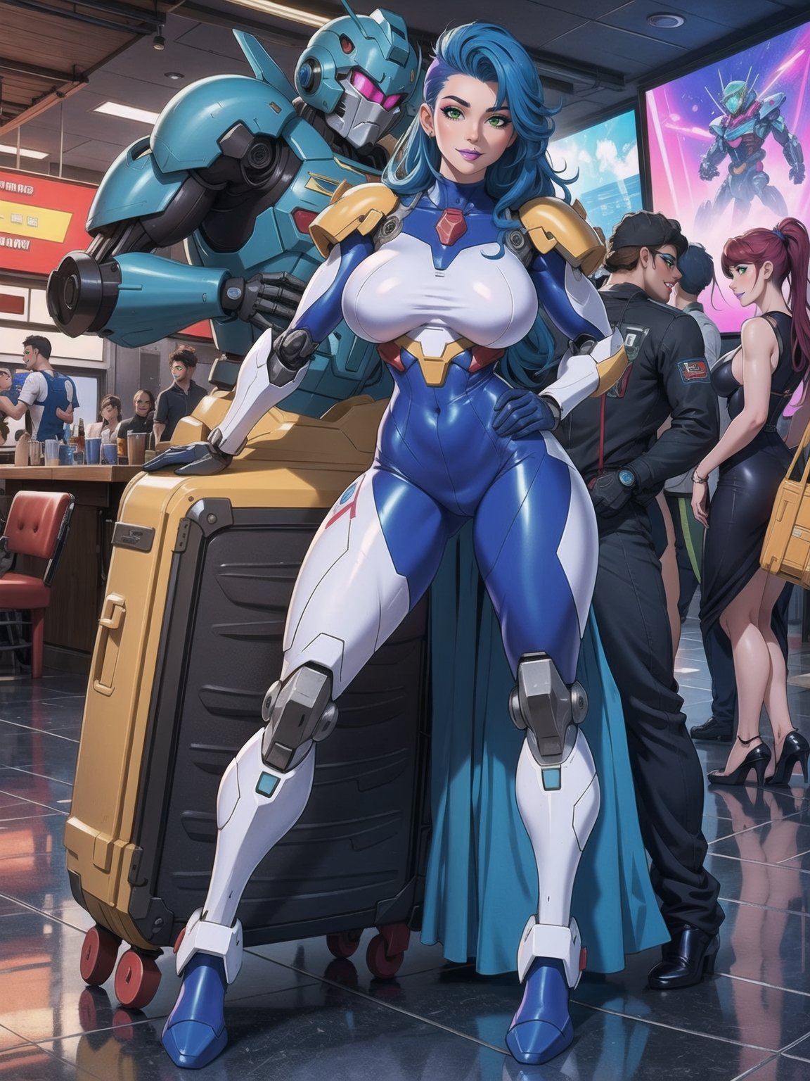 Solo woman, wearing mecha suit+cybernetic armor+gundam suit, all white with parts in blue, gigantic breasts, mohawk hair, blue hair, messy hair, looking directly at the viewer, she is, in an alien airport, with many machines, many aliens, many people transiting, glass table, chair, luggage carts, 16K, UHD, best possible quality, ultra detailed, best possible resolution, Unreal Engine 5professional photography, she is, (((Sensual pose with interaction and leaning on anything+object+on something+leaning against))), better_hands, More detail, ((super metroid, mecha)) (((full body))),