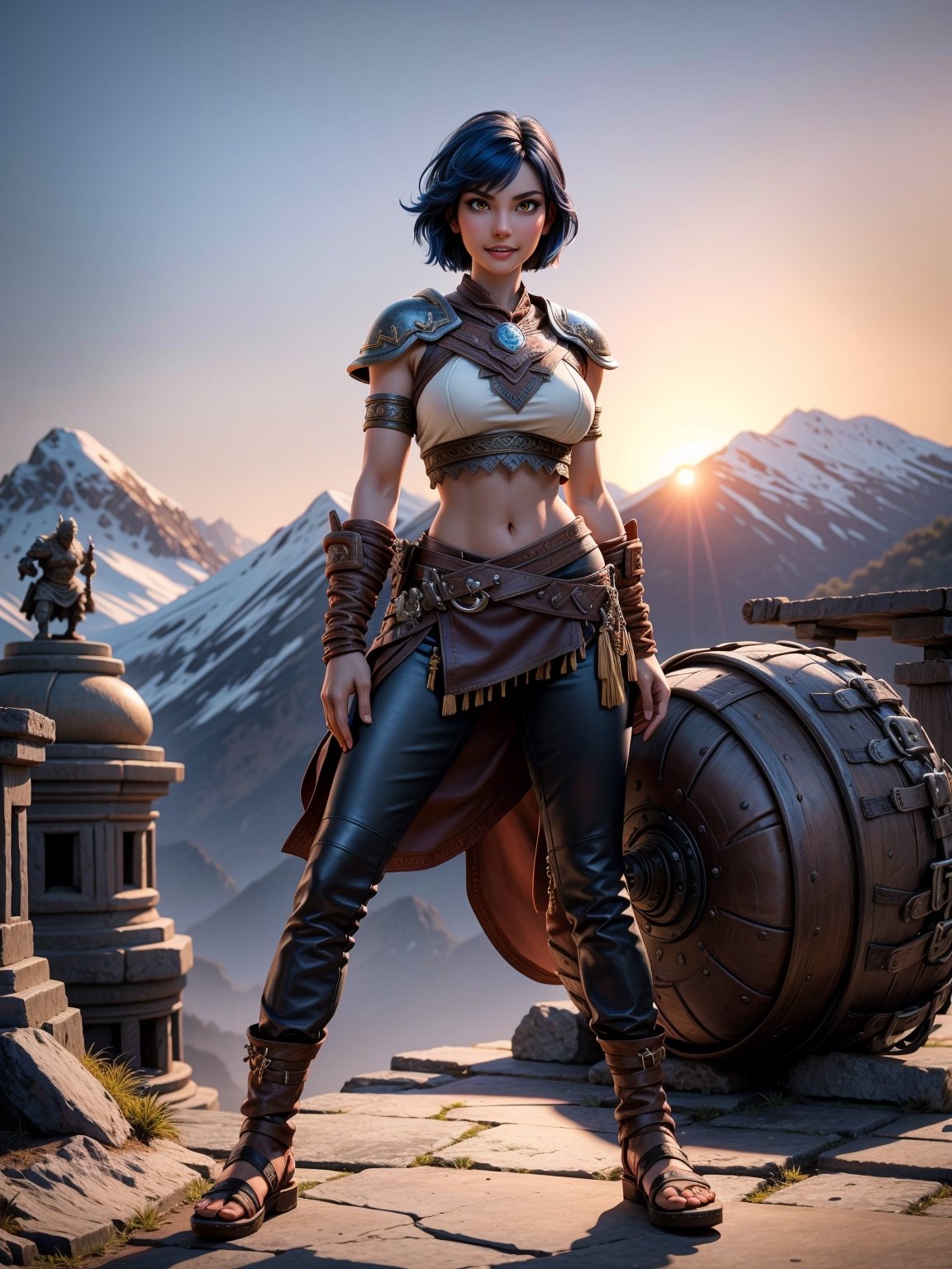 A woman, wearing a warrior's costume made of dark brown leather, white T-shirt, long black leather pants, leather sandals, ((gigantic breasts)), blue hair, very short hair, mohawk hair, hair with bangs in front of the eyes, looking at the viewer, (([pose with interaction and leaning on something|pose with interaction and leaning on a large object])), in a spartan temple with structures, statues, large altars, background of snowy mountains with a beautiful sunset, ((full body):1.5), 16k, UHD, best possible quality, ultra detailed, best possible resolution, Unreal Engine 5, professional photography, well-detailed fingers, well-detailed hand, perfect_hands, perfect, ((god of war))