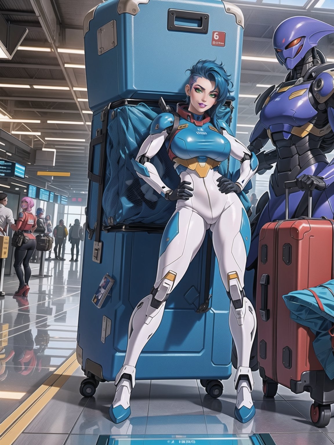 Solo woman, wearing mecha suit+cybernetic armor+gundam suit, all white with parts in blue, gigantic breasts, mohawk hair, blue hair, messy hair, looking directly at the viewer, she is, in an ((alien airport, with many machines, many aliens, many people transiting, glass table, chair, luggage carts, 16K, UHD, best possible quality, ultra detailed, best possible resolution, Unreal Engine 5professional photography, she is, (((Sensual pose with interaction and leaning on anything+object+on something+leaning against))), better_hands, More detail, ((alien airport+mecha)) (((full body))),