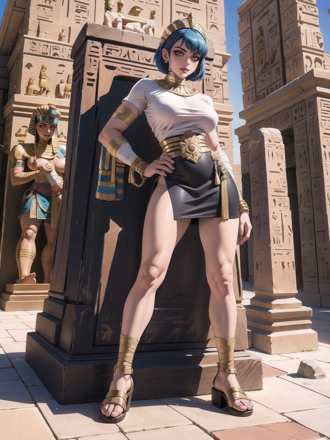A woman_solo, Egyptian costume with white t-shirt with gold armor, very short black skirt, brown leather sandals, ((body bandaged with bandages)), very tight suit and clinging to the body. Gigantic breasts, wearing a helmet on her head, very short hair, blue hair, hair with 1braid, hair with bangs in front of the eyes. Looking directly at the viewer, in a desert oasis, at night, with large stones, large pillars, figurines of ancient gods, (((sensual pose with interaction and leaning on anything + object+on something + leaning against))) + present in a desert oasis, 16K, UHD, Unreal Engine 5, (full body:1.5), quality max, max resolution, ultra-realistic, maximum sharpness, More detail,  perfect_legs, perfect_thighs, perfect_feet, perfect_hands, better_hands. (Ancient Egypt style)