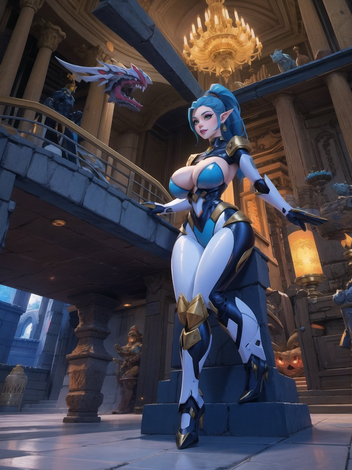 Solo woman, ((mecha costume all white, parts in blue, lights in yellow, gigantic breasts)), mohawk hair, blue hair, messy hair, hair with ponytail, looking directly at the viewer, she is, in a very old dungeon at the top of the mountains at night, with many altars, slimes, large weapons, metal Golems, heavy weapons, large stones, scaly monsters, super metroid, ultra technological, warcraft, zelda breath of the wild, 16K, UHD, best possible quality, ultra detailed, best possible resolution, Unreal Engine 5, super metroid, professional photography, she is, (((Sensual pose with interaction and leaning on anything+object+on something+leaning against))), better_hands, ((full body)), More detail, 